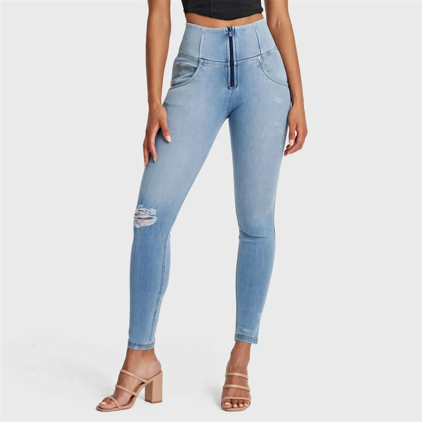 WRUP SNUG Distressed Jeans - High Waisted - Full Length - Light Blue + Yellow Stitching - Image 8