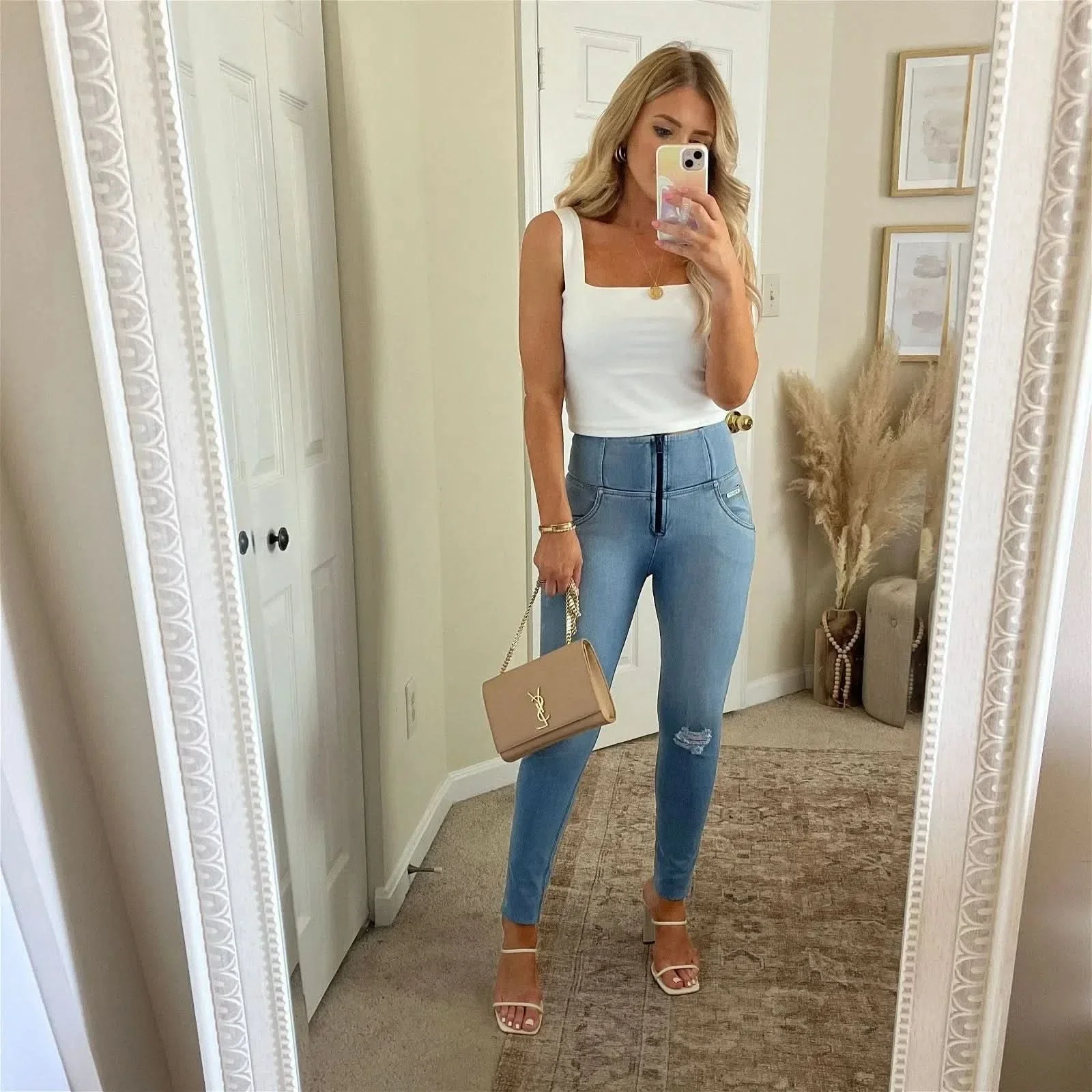 WRUP SNUG Distressed Jeans - High Waisted - Full Length - Light Blue + Yellow Stitching - Image 9