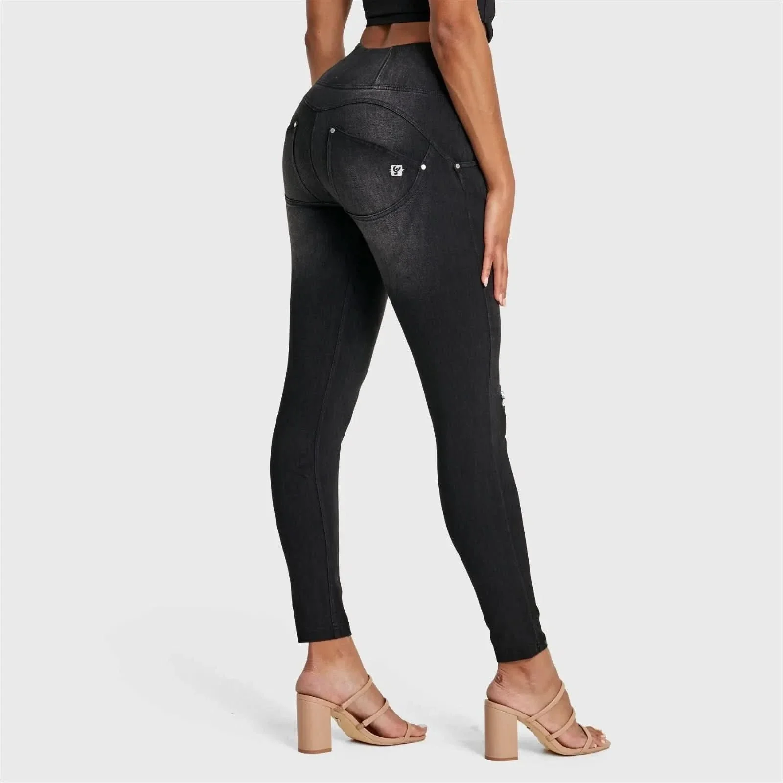 WRUP SNUG Distressed Jeans - High Waisted - Ankle Length - Black + Black Stitching
