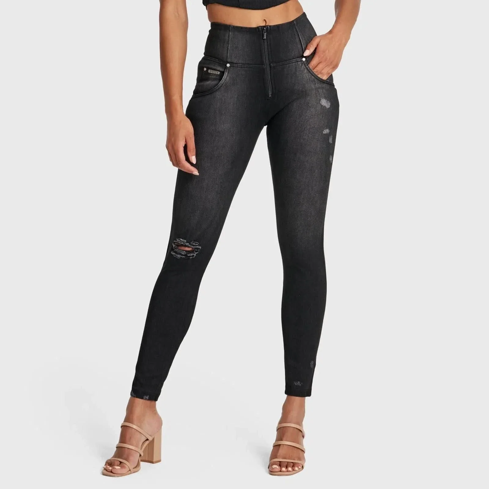 WRUP SNUG Distressed Jeans - High Waisted - Ankle Length - Black + Black Stitching - Image 2