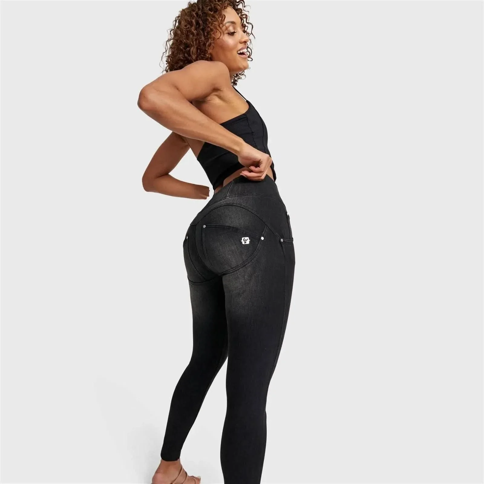 WRUP SNUG Distressed Jeans - High Waisted - Ankle Length - Black + Black Stitching - Image 3