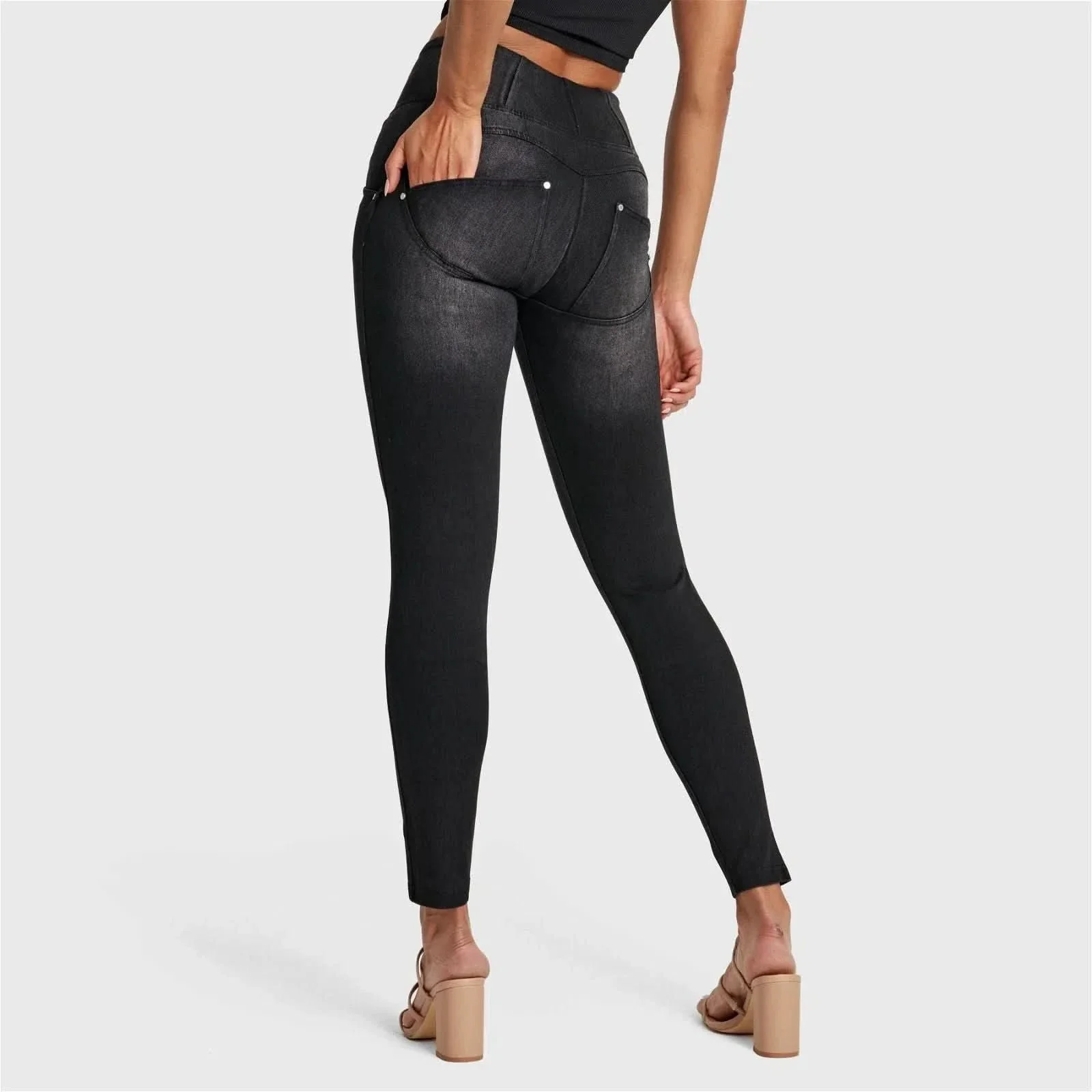 WRUP SNUG Distressed Jeans - High Waisted - Ankle Length - Black + Black Stitching - Image 4