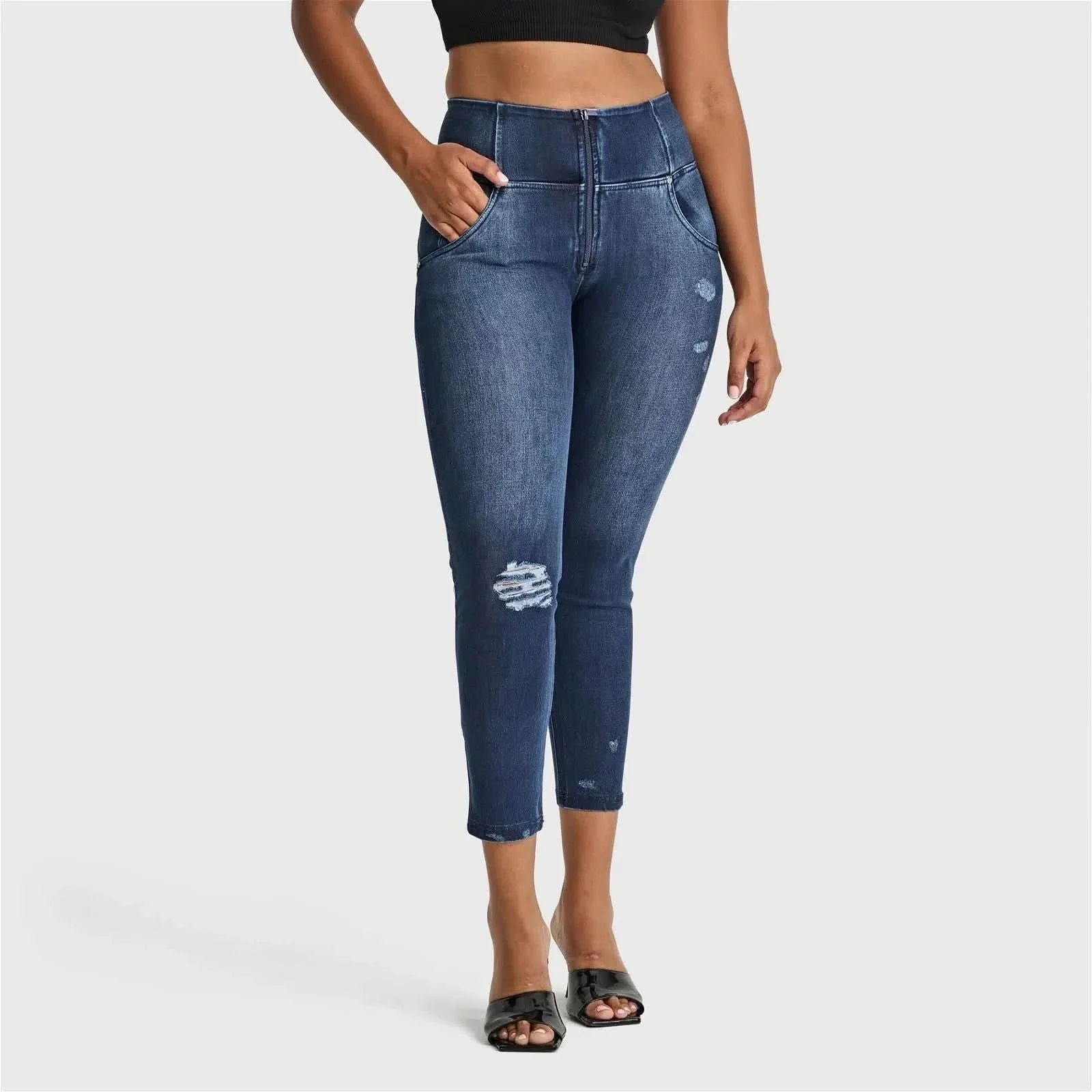 WRUP SNUG Distressed Jeans - High Waisted - Ankle Length - Dark Blue + Blue Stitching