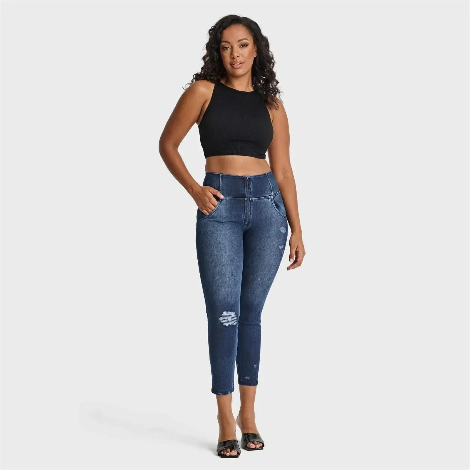 WRUP SNUG Distressed Jeans - High Waisted - Ankle Length - Dark Blue + Blue Stitching - Image 2