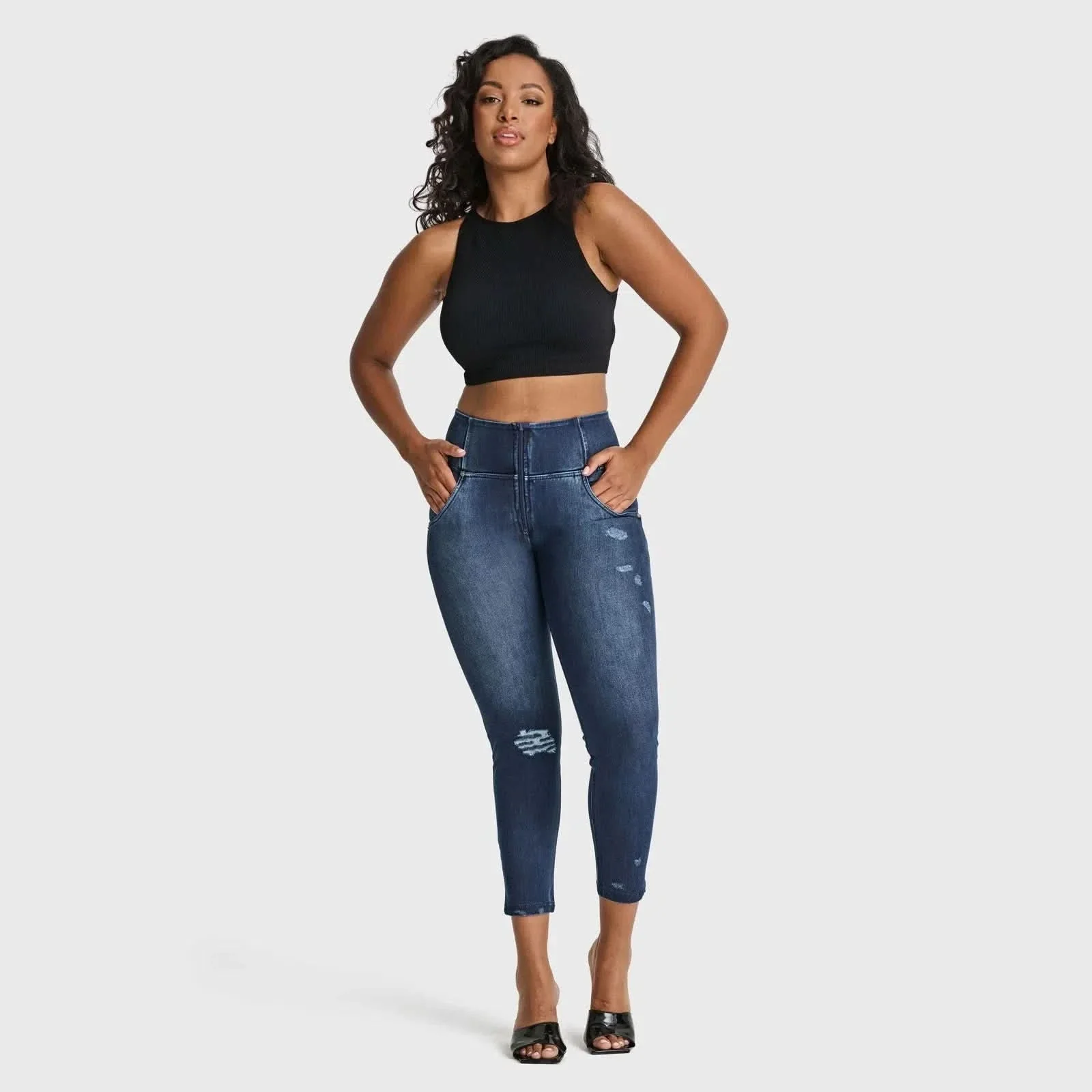 WRUP SNUG Distressed Jeans - High Waisted - Ankle Length - Dark Blue + Blue Stitching - Image 3