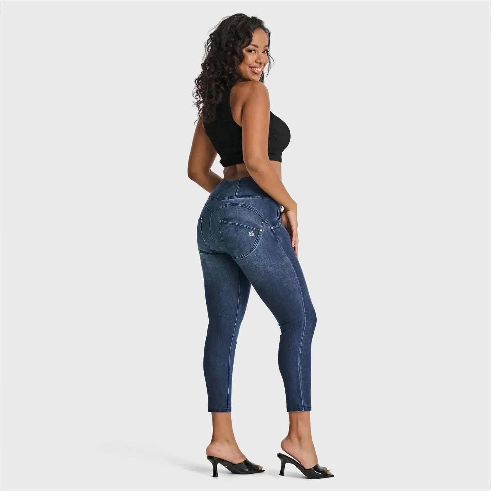 WRUP SNUG Distressed Jeans - High Waisted - Ankle Length - Dark Blue + Blue Stitching - Image 4