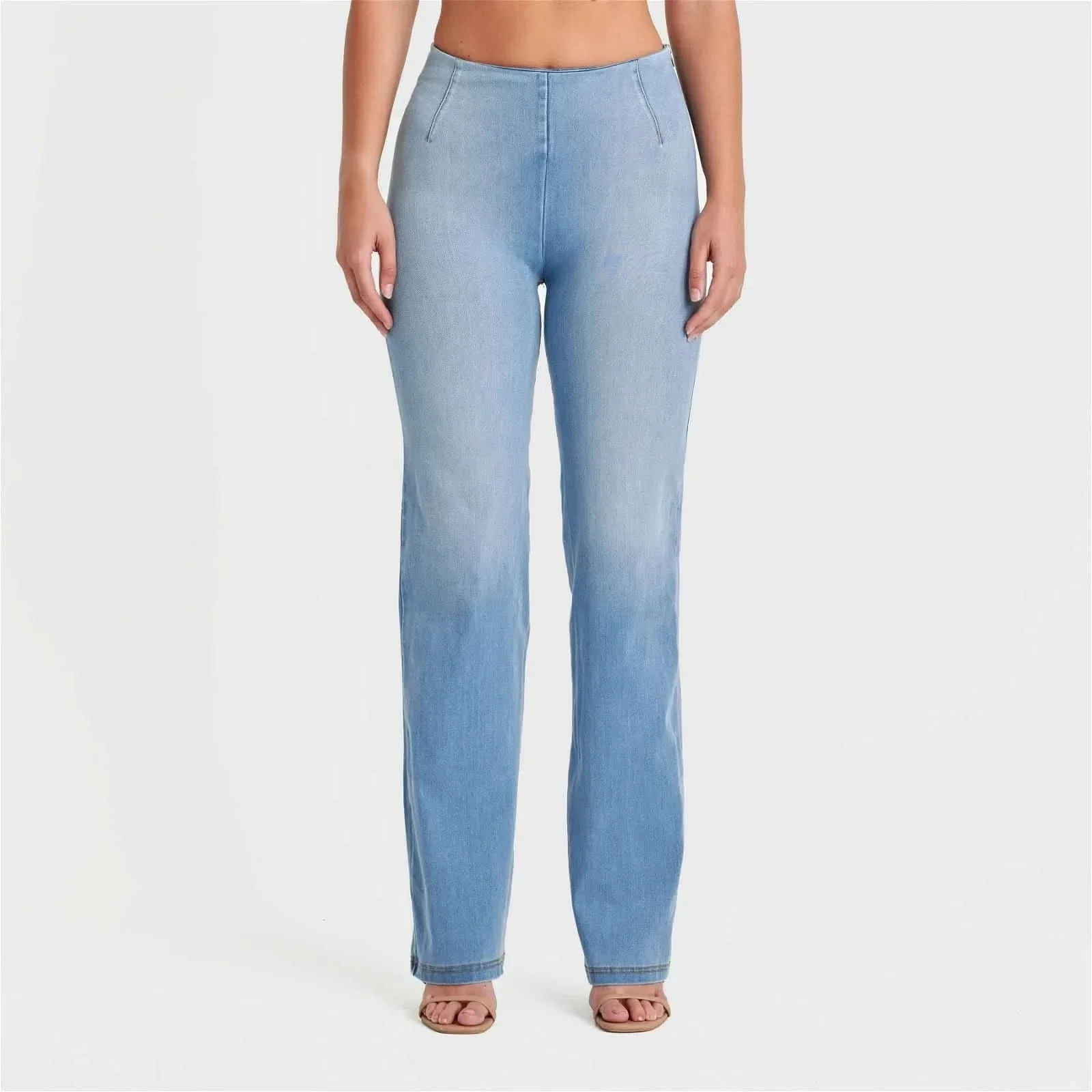 WRUP SNUG Jeans - High Waisted - Flare - Light Blue + Yellow Stitching - Image 3