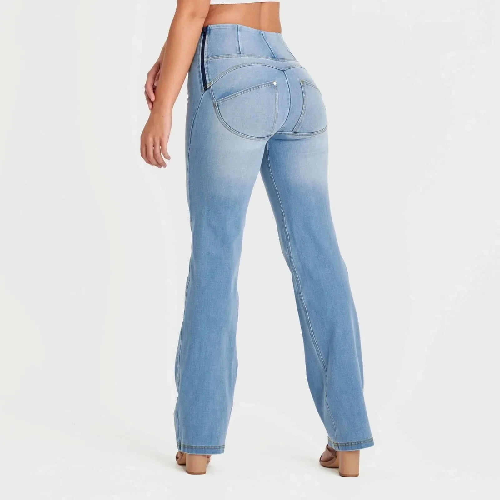 WRUP SNUG Jeans - High Waisted - Flare - Light Blue + Yellow Stitching - Image 4