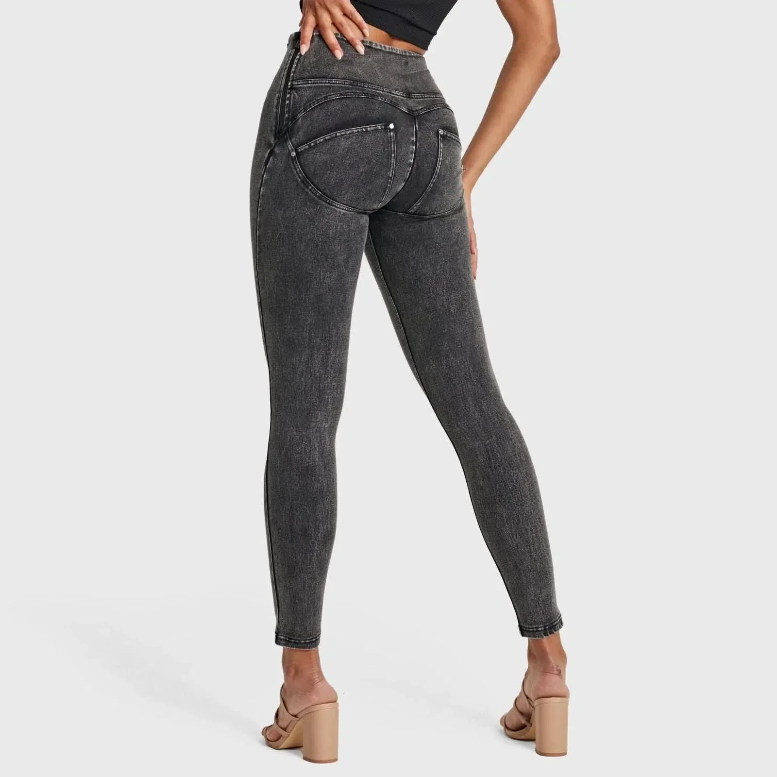 WRUP SNUG Jeans - High Waisted - Full Length - Washed Black + Black Stitching - Image 10
