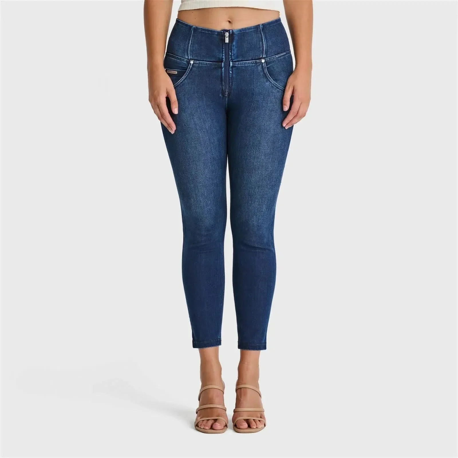 WRUP SNUG Jeans - High Waisted - Ankle Length - Dark Blue + Blue Stitching - Image 2