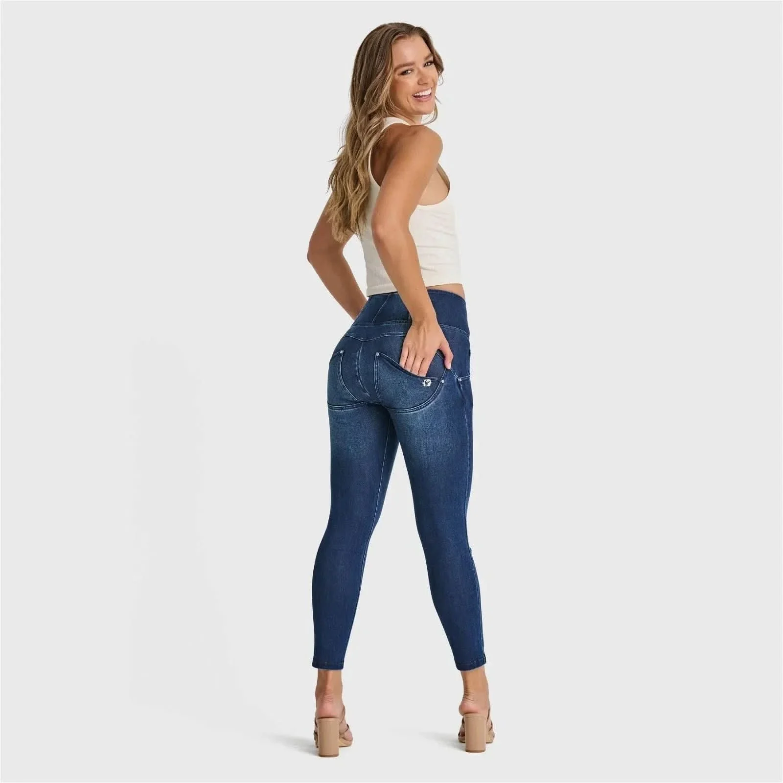 WRUP SNUG Jeans - High Waisted - Ankle Length - Dark Blue + Blue Stitching - Image 3