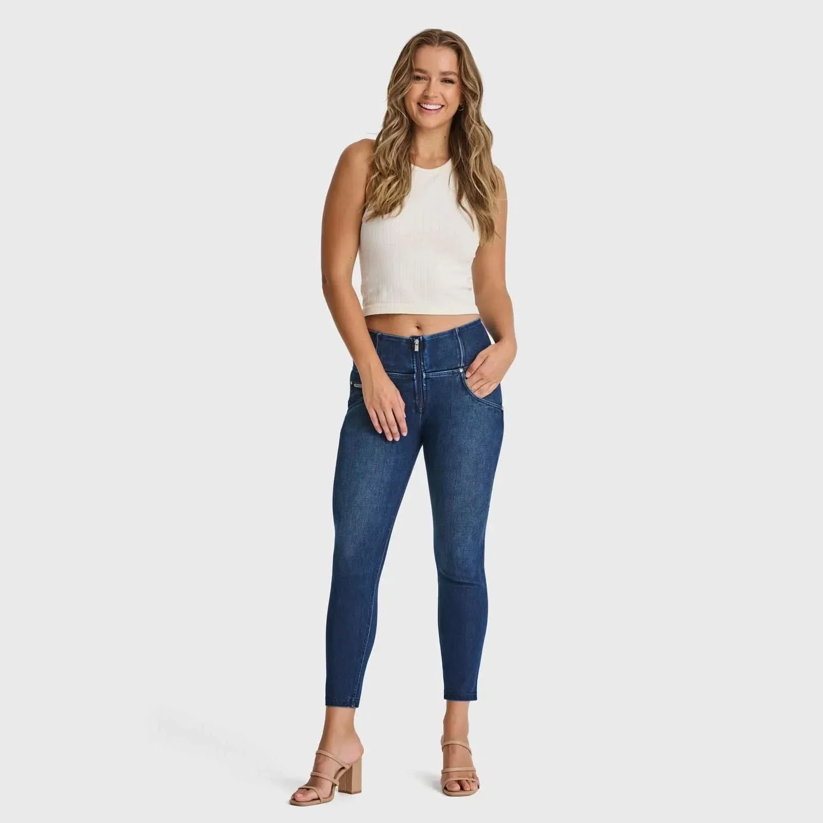 WRUP SNUG Jeans - High Waisted - Ankle Length - Dark Blue + Blue Stitching - Image 4