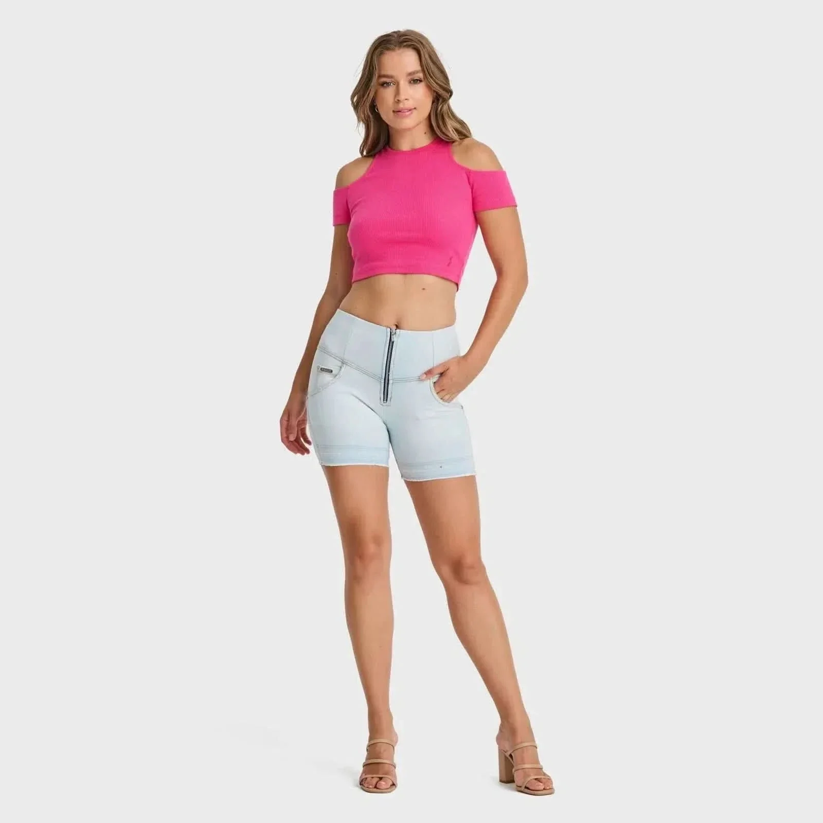 WRUP SNUG Jeans - High Waisted - Shorts - Baby Blue + Yellow Stitching - Image 4