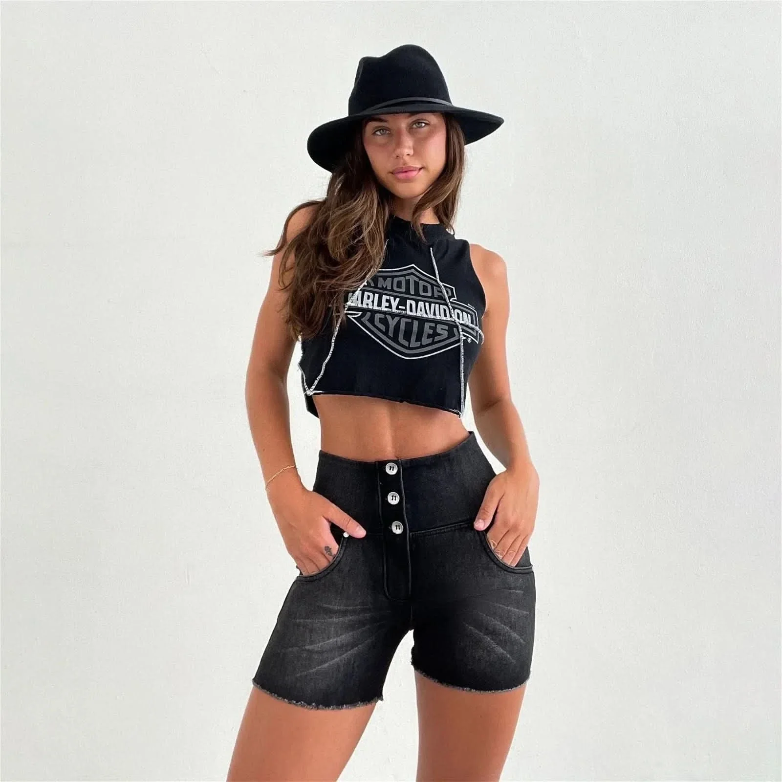 WRUP SNUG Jeans - High Waisted - Shorts - Black + Black Stitching - Image 3
