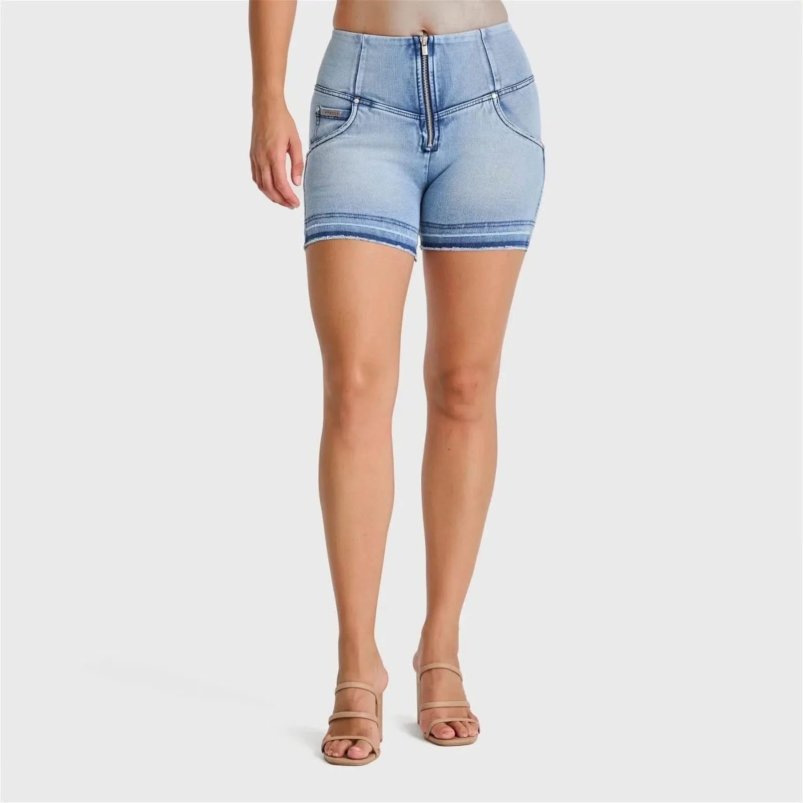 WRUP SNUG Jeans - High Waisted - Shorts - Light Blue + Blue Stitching - Image 6