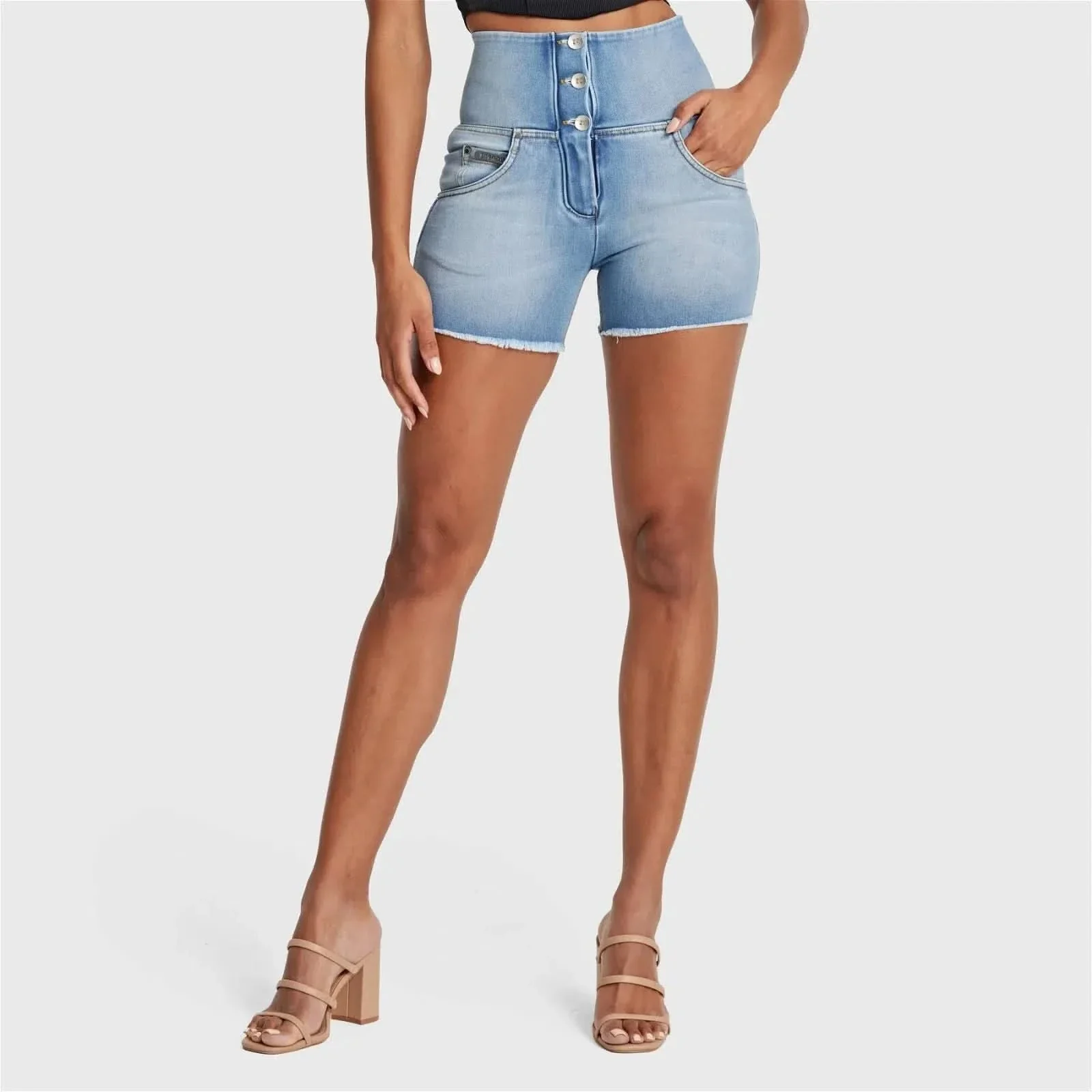 WRUP SNUG Jeans - High Waisted - Shorts - Light Blue + Yellow Stitching - Image 4