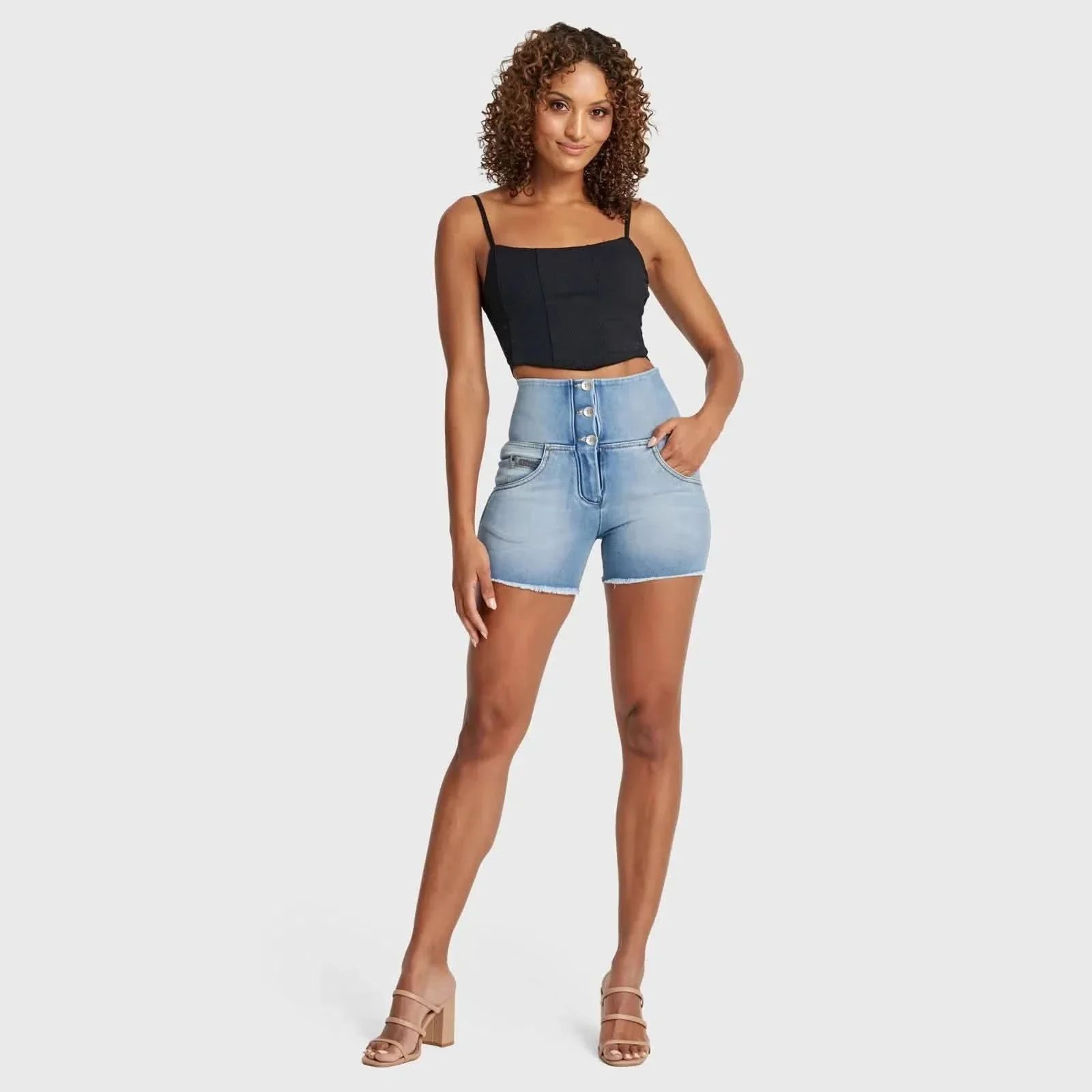 WRUP SNUG Jeans - High Waisted - Shorts - Light Blue + Yellow Stitching - Image 5
