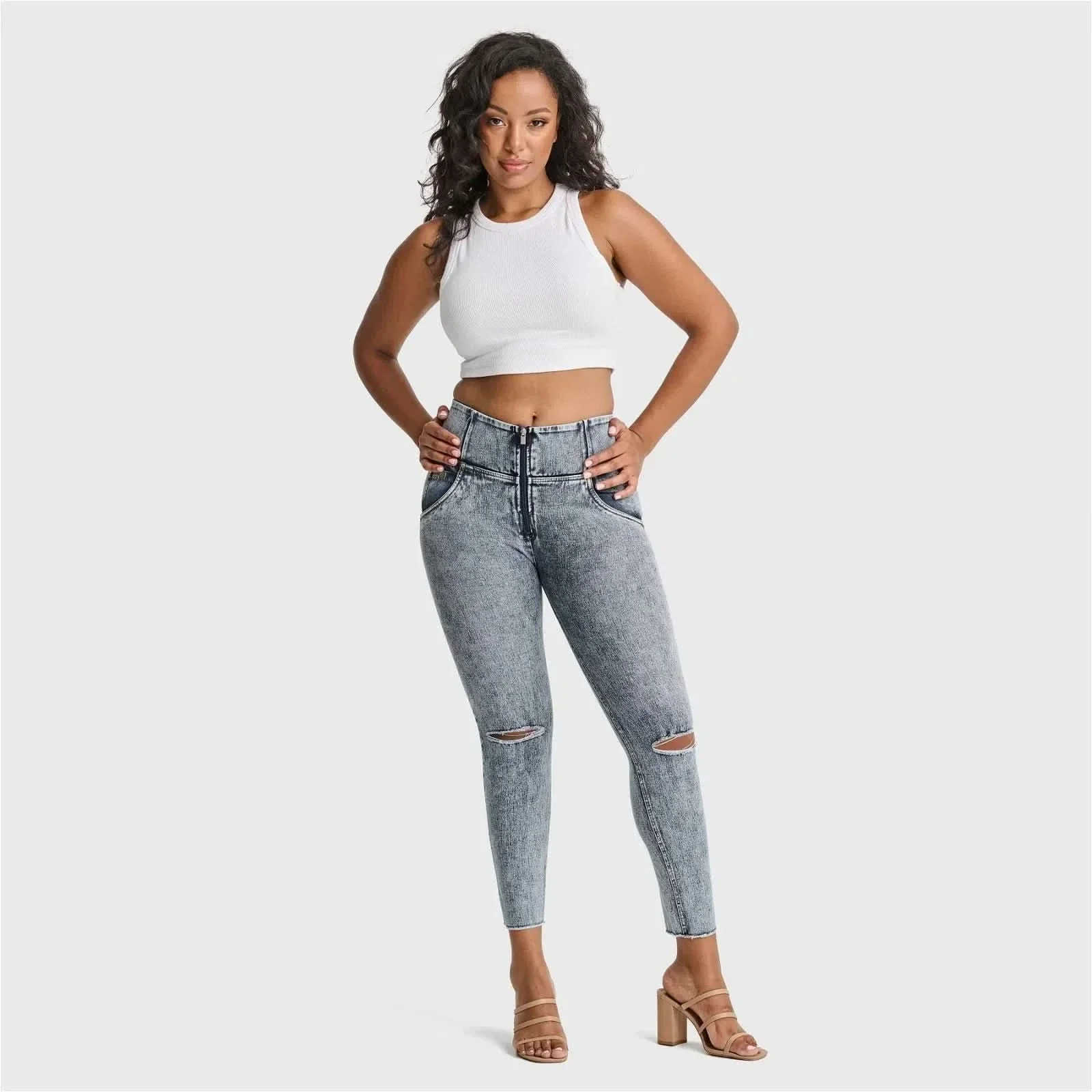 WRUP SNUG Ripped Jeans - High Waisted - Ankle Length - Blue Stonewash + Yellow Stitching - Image 2
