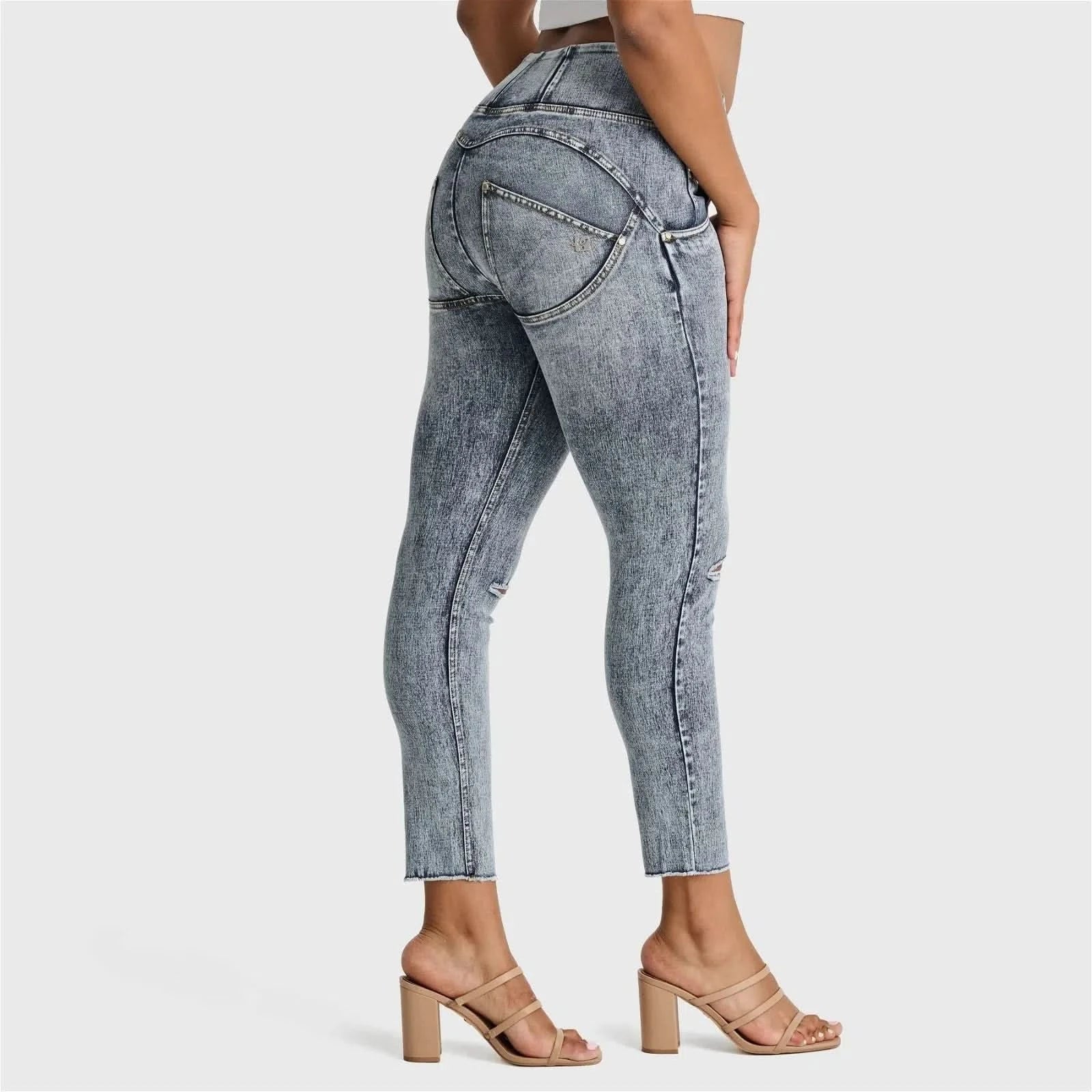 WRUP SNUG Ripped Jeans - High Waisted - Ankle Length - Blue Stonewash + Yellow Stitching - Image 3