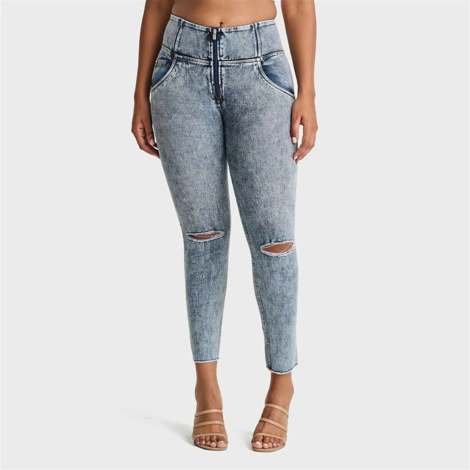 WRUP SNUG Ripped Jeans - High Waisted - Ankle Length - Blue Stonewash + Yellow Stitching - Image 5