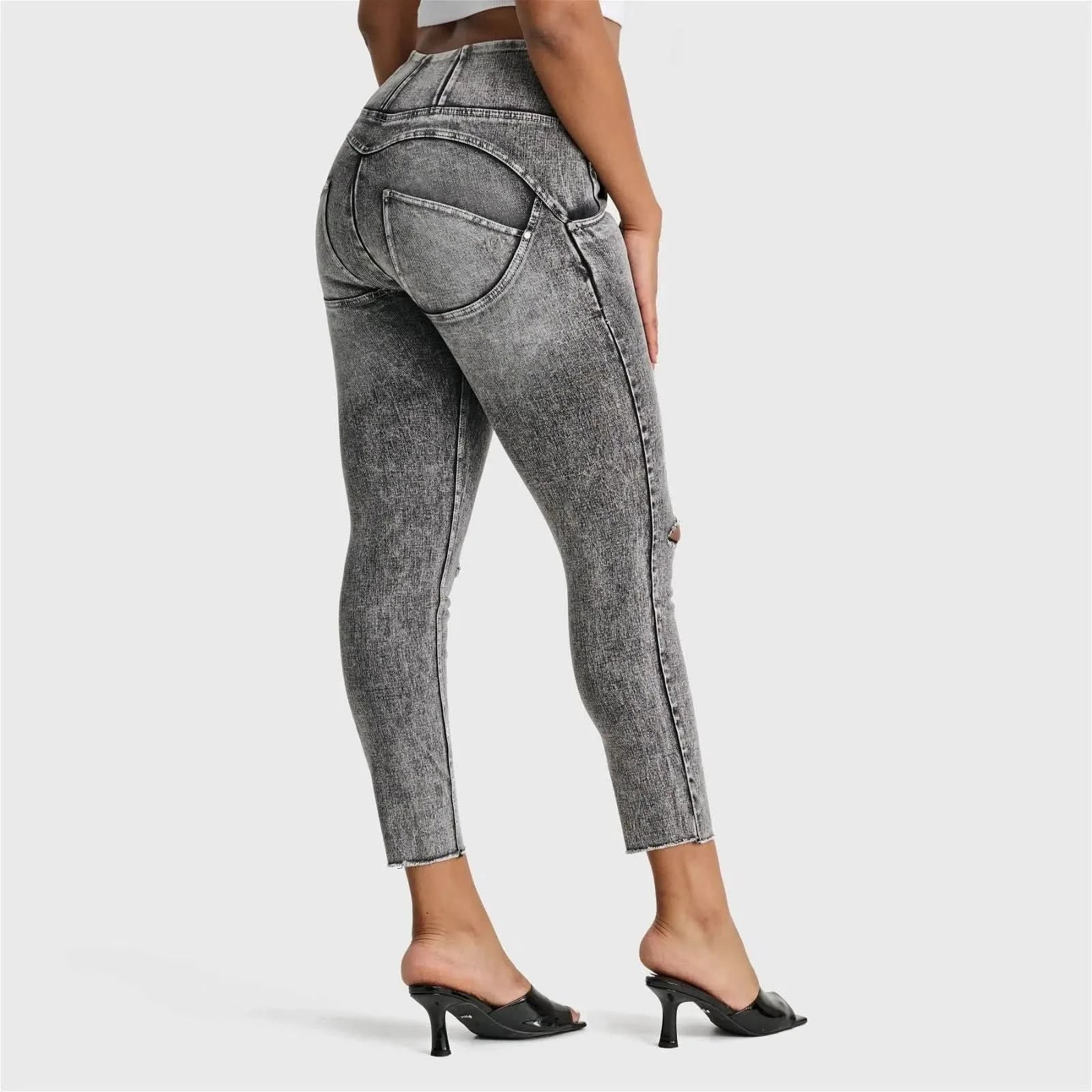 WRUP SNUG Ripped Jeans - High Waisted - Ankle Length - Grey Stonewash + Grey Stitching - Image 2
