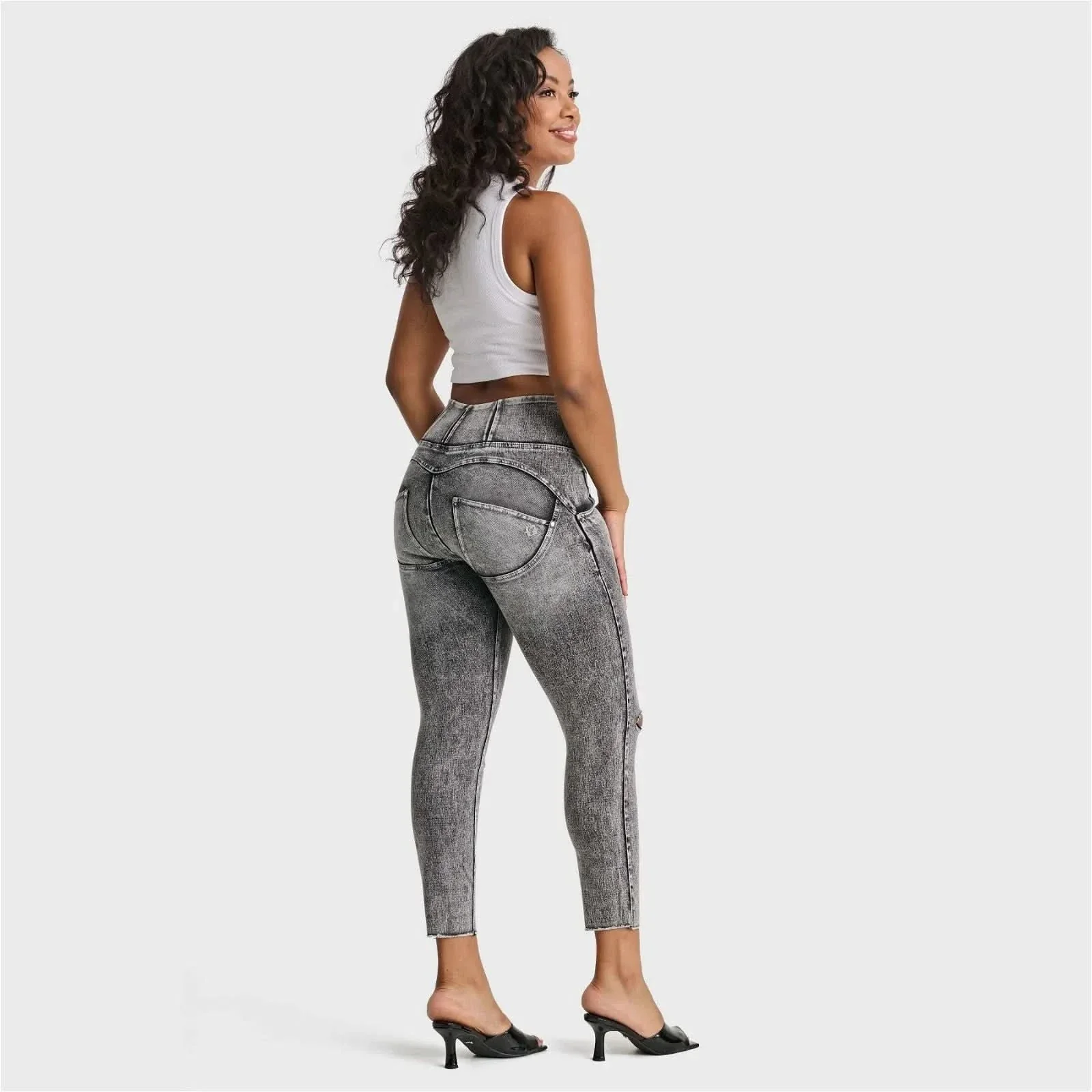 WRUP SNUG Ripped Jeans - High Waisted - Ankle Length - Grey Stonewash + Grey Stitching - Image 3