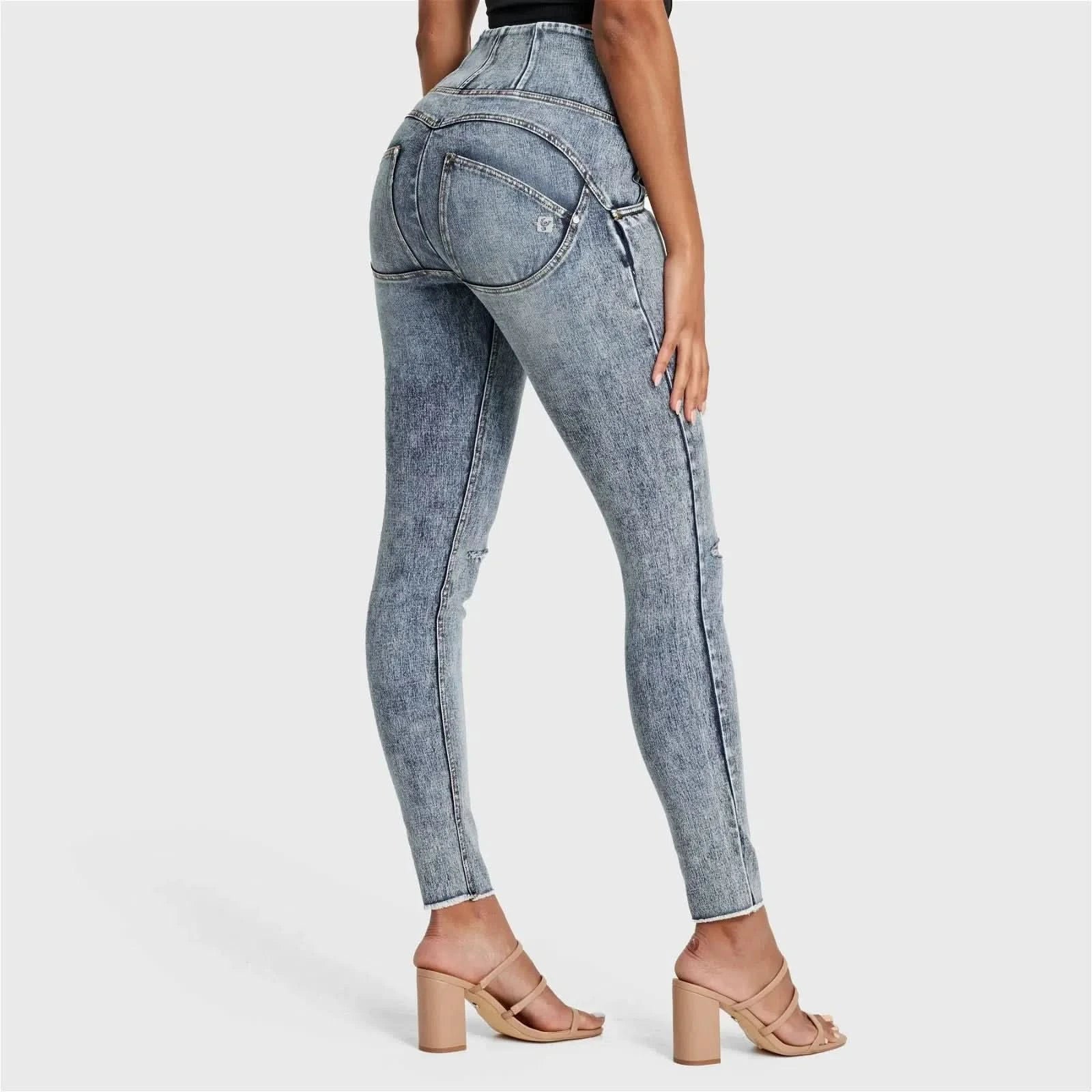 WRUP SNUG Ripped Jeans - High Waisted - Full Length - Blue Stonewash + Yellow Stitching - Image 10