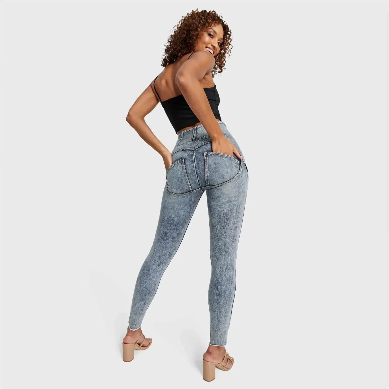 WRUP SNUG Ripped Jeans - High Waisted - Full Length - Blue Stonewash + Yellow Stitching - Image 3