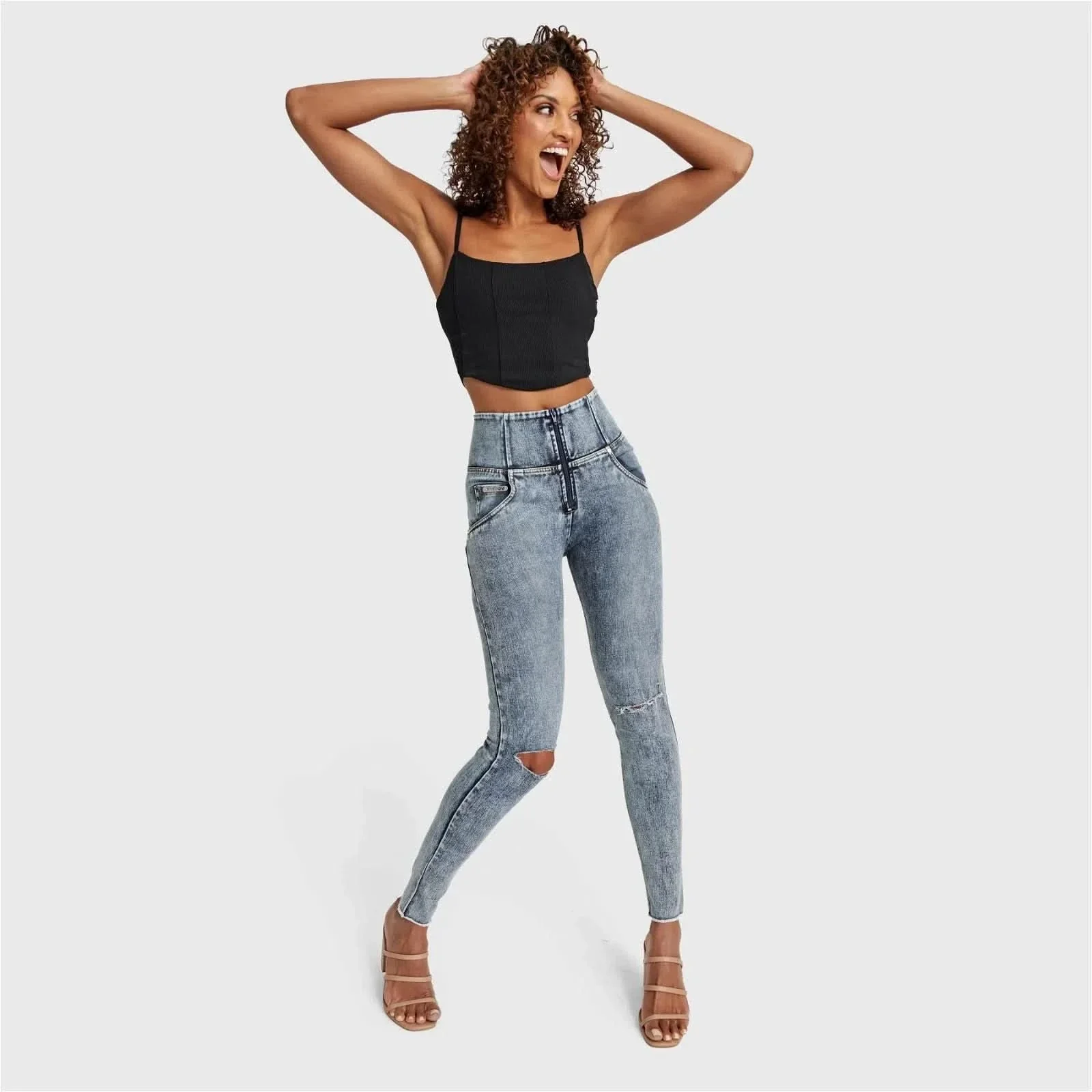 WRUP SNUG Ripped Jeans - High Waisted - Full Length - Blue Stonewash + Yellow Stitching - Image 5