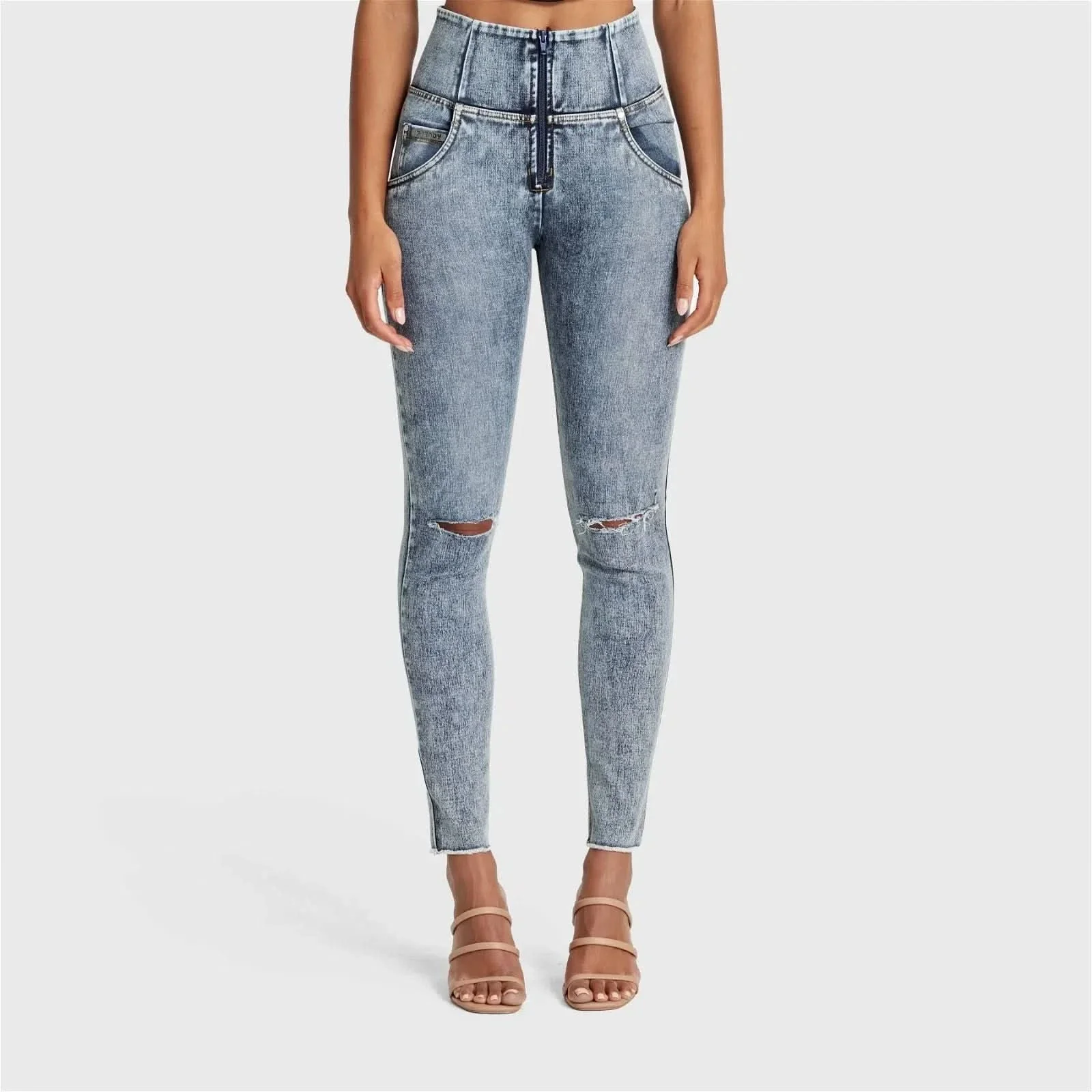 WRUP SNUG Ripped Jeans - High Waisted - Full Length - Blue Stonewash + Yellow Stitching - Image 7