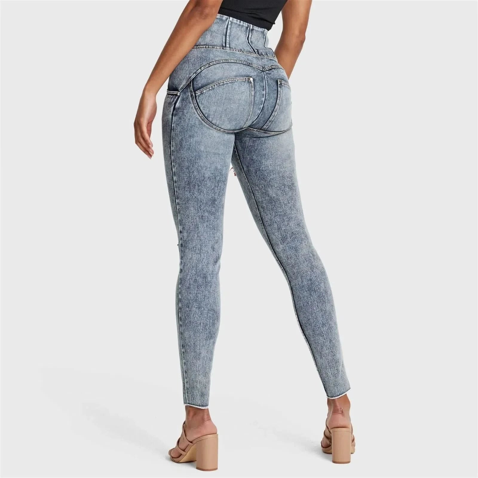WRUP SNUG Ripped Jeans - High Waisted - Full Length - Blue Stonewash + Yellow Stitching - Image 8