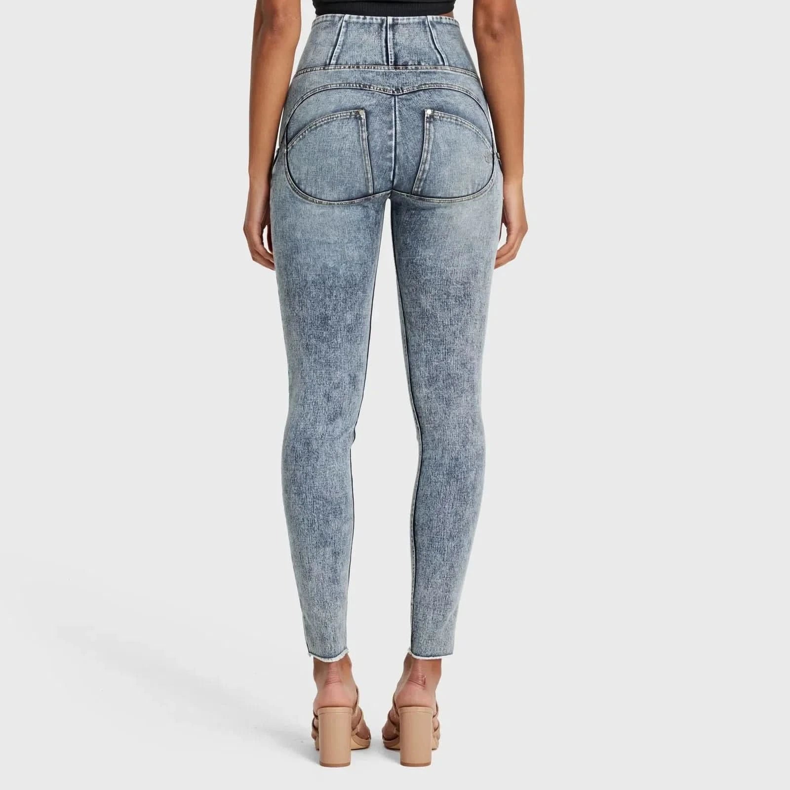 WRUP SNUG Ripped Jeans - High Waisted - Full Length - Blue Stonewash + Yellow Stitching - Image 9