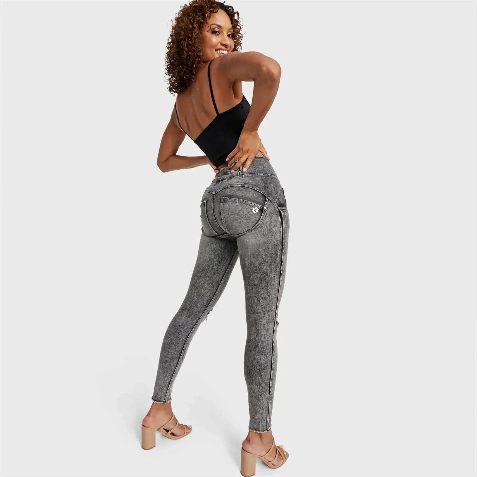 WRUP SNUG Ripped Jeans - High Waisted - Full Length - Grey Stonewash + Grey Stitching - Image 3