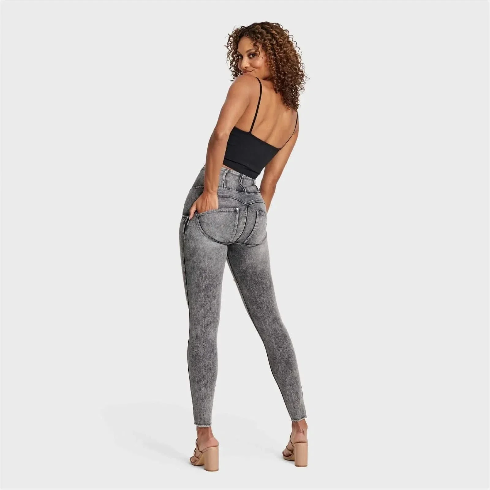 WRUP SNUG Ripped Jeans - High Waisted - Full Length - Grey Stonewash + Grey Stitching - Image 4