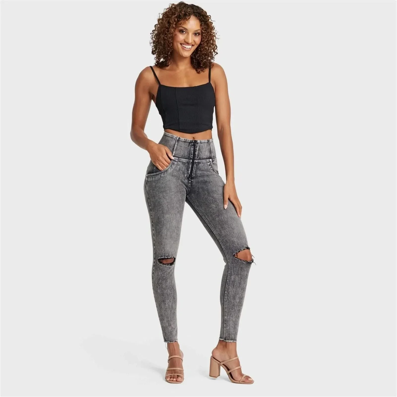 WRUP SNUG Ripped Jeans - High Waisted - Full Length - Grey Stonewash + Grey Stitching - Image 5