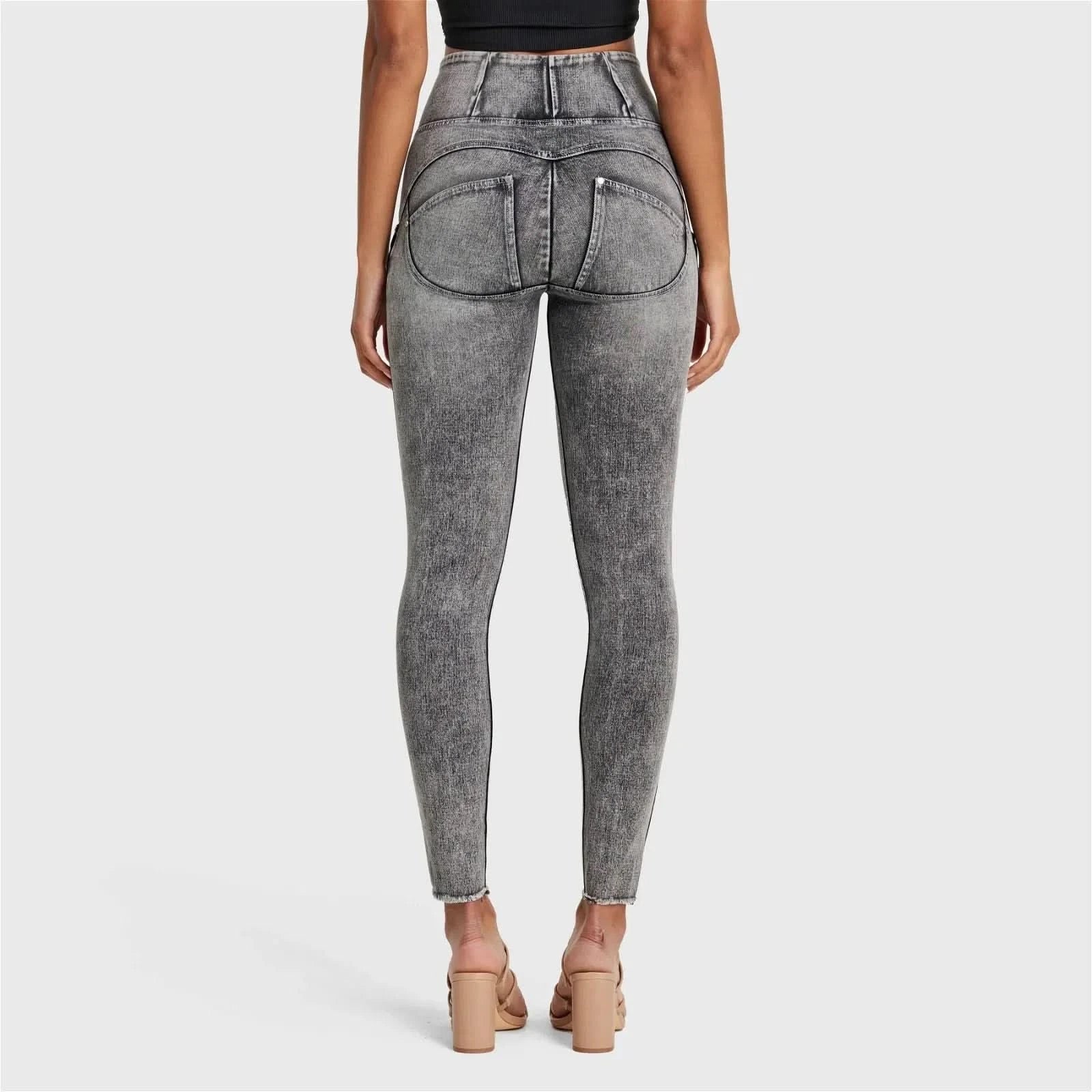 WRUP SNUG Ripped Jeans - High Waisted - Full Length - Grey Stonewash + Grey Stitching - Image 6