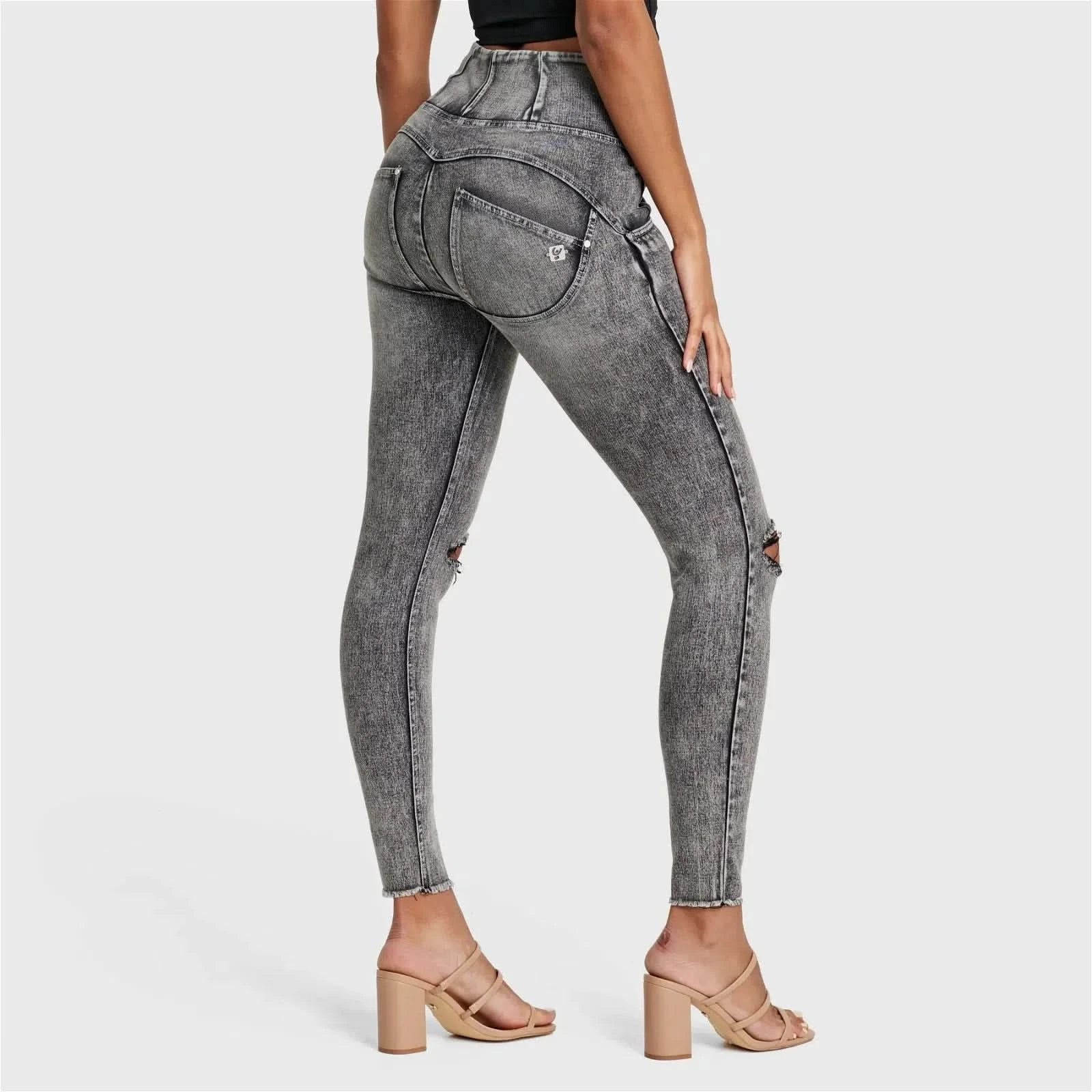 WRUP SNUG Ripped Jeans - High Waisted - Full Length - Grey Stonewash + Grey Stitching - Image 8