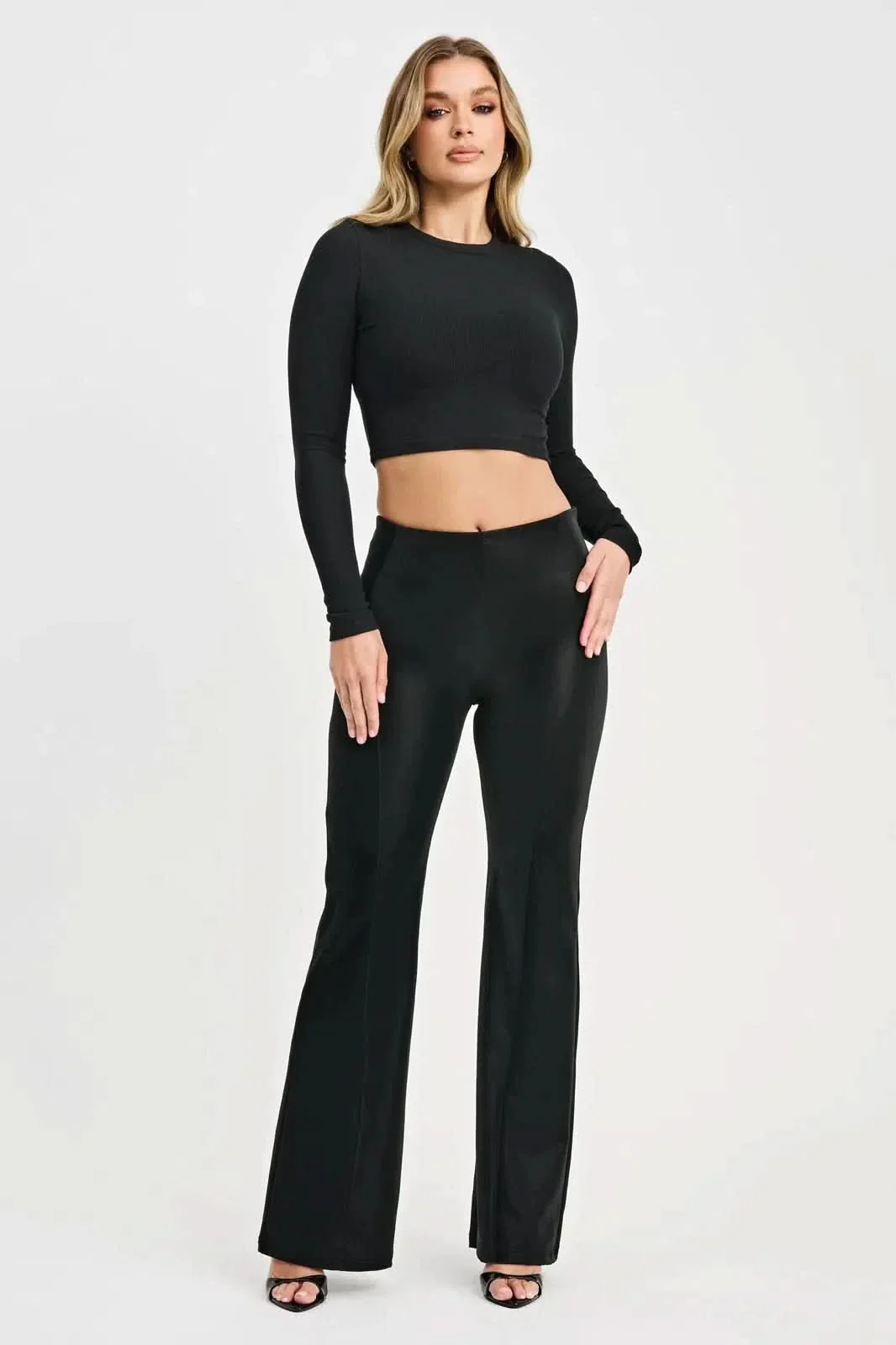 WRUP Velvet Faux Leather - High Waisted - Super Flare - Black - Image 3