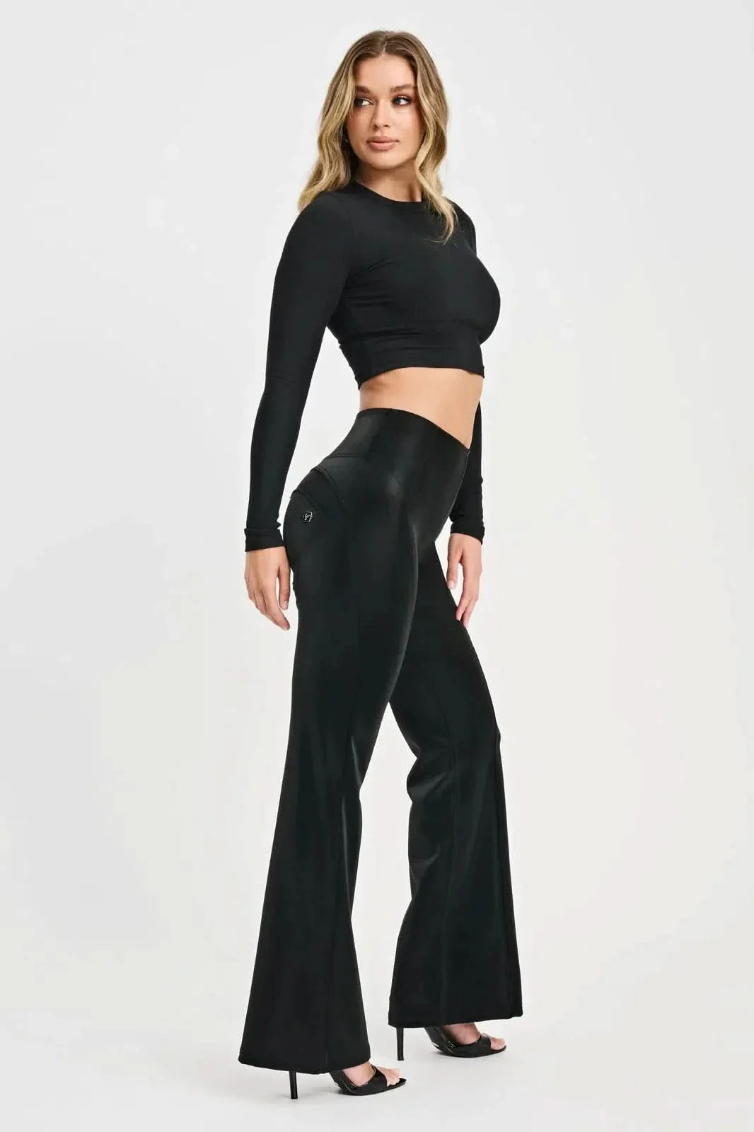 WRUP Velvet Faux Leather - High Waisted - Super Flare - Black - Image 4