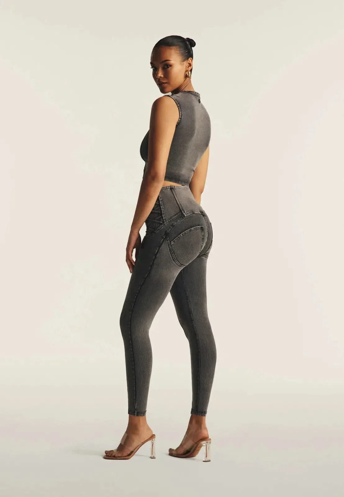 WRUP Denim Criss Cross Detail - High Waisted - Ankle Length - Dark Grey Denim + Black Stitching - Image 3