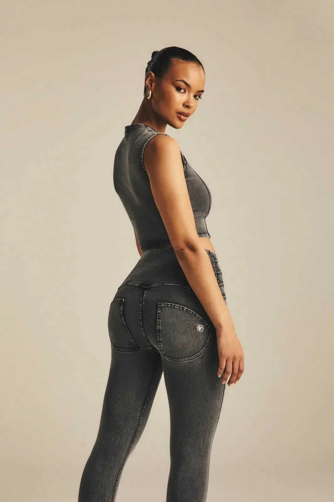 WRUP Denim Criss Cross Detail - High Waisted - Ankle Length - Dark Grey Denim + Black Stitching - Image 4