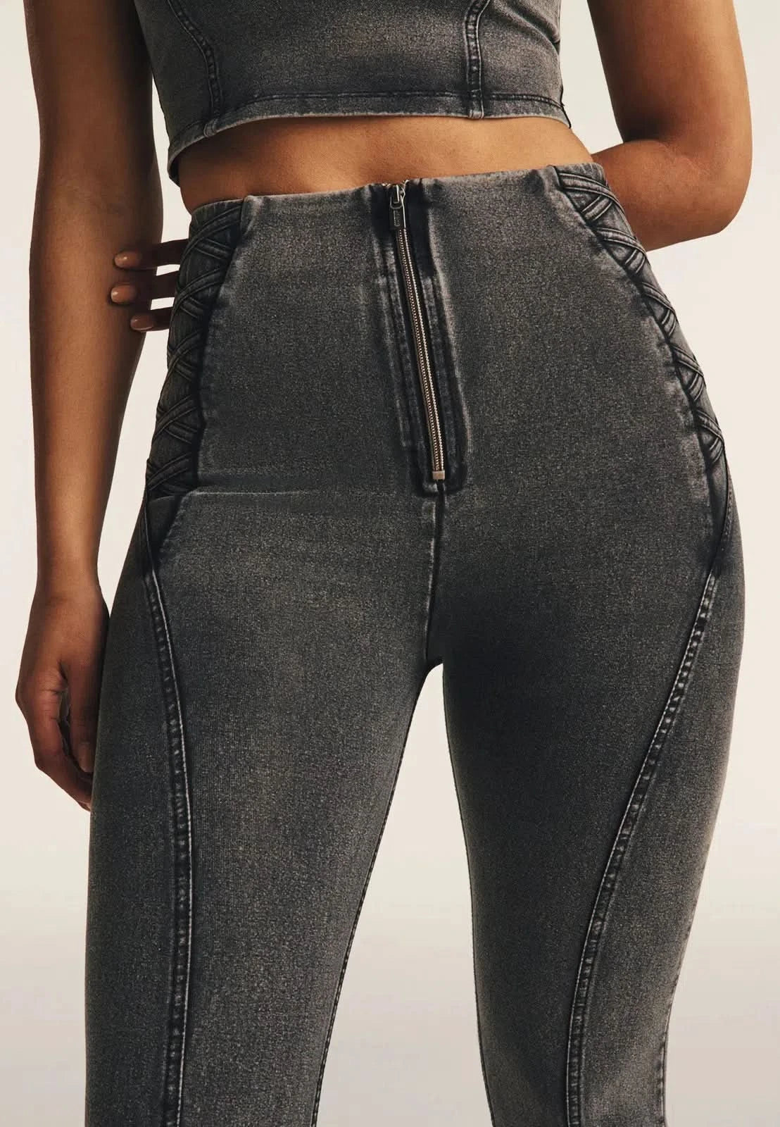 WRUP Denim Criss Cross Detail - High Waisted - Ankle Length - Dark Grey Denim + Black Stitching - Image 5