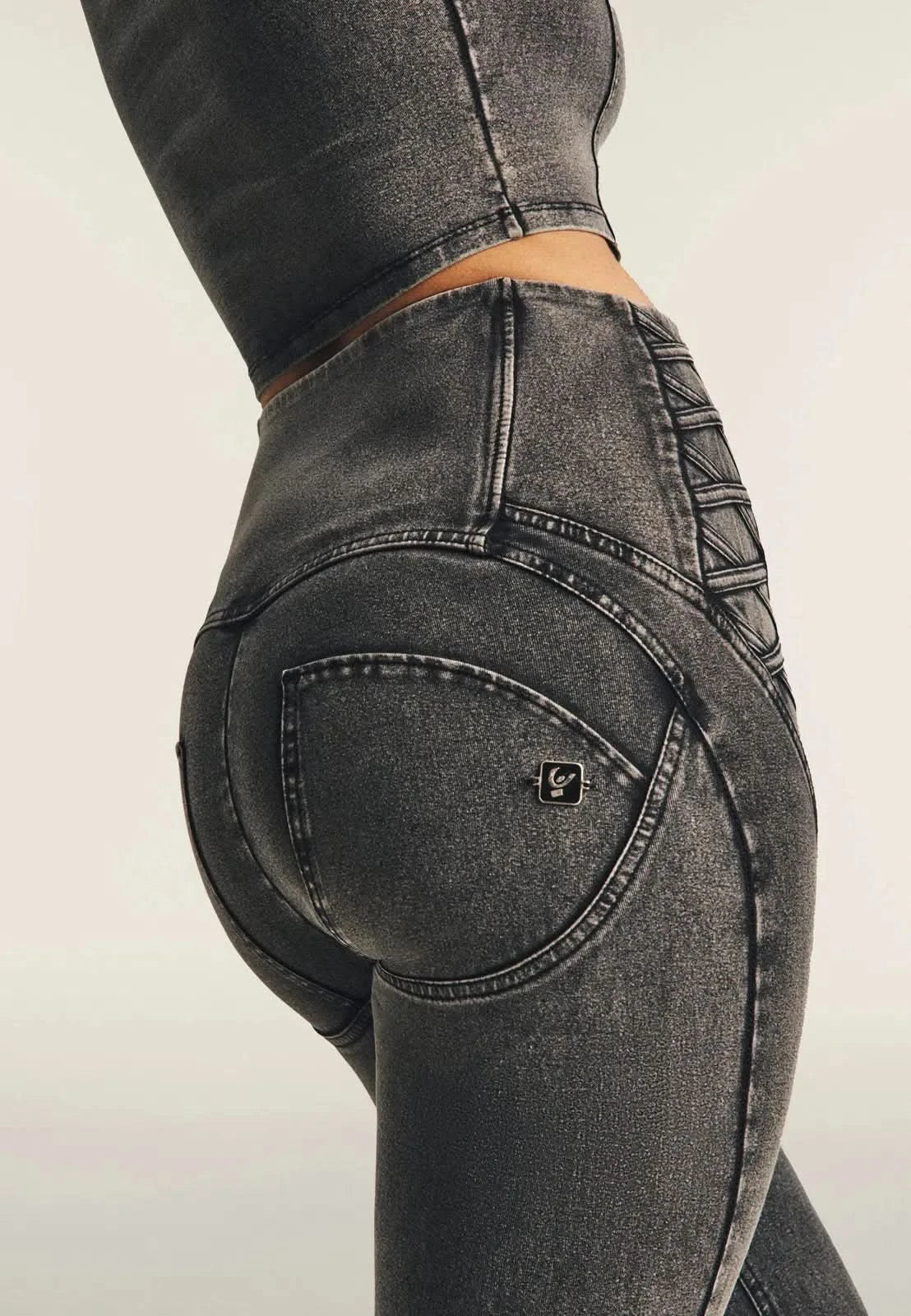 WRUP Denim Criss Cross Detail - High Waisted - Ankle Length - Dark Grey Denim + Black Stitching - Image 6