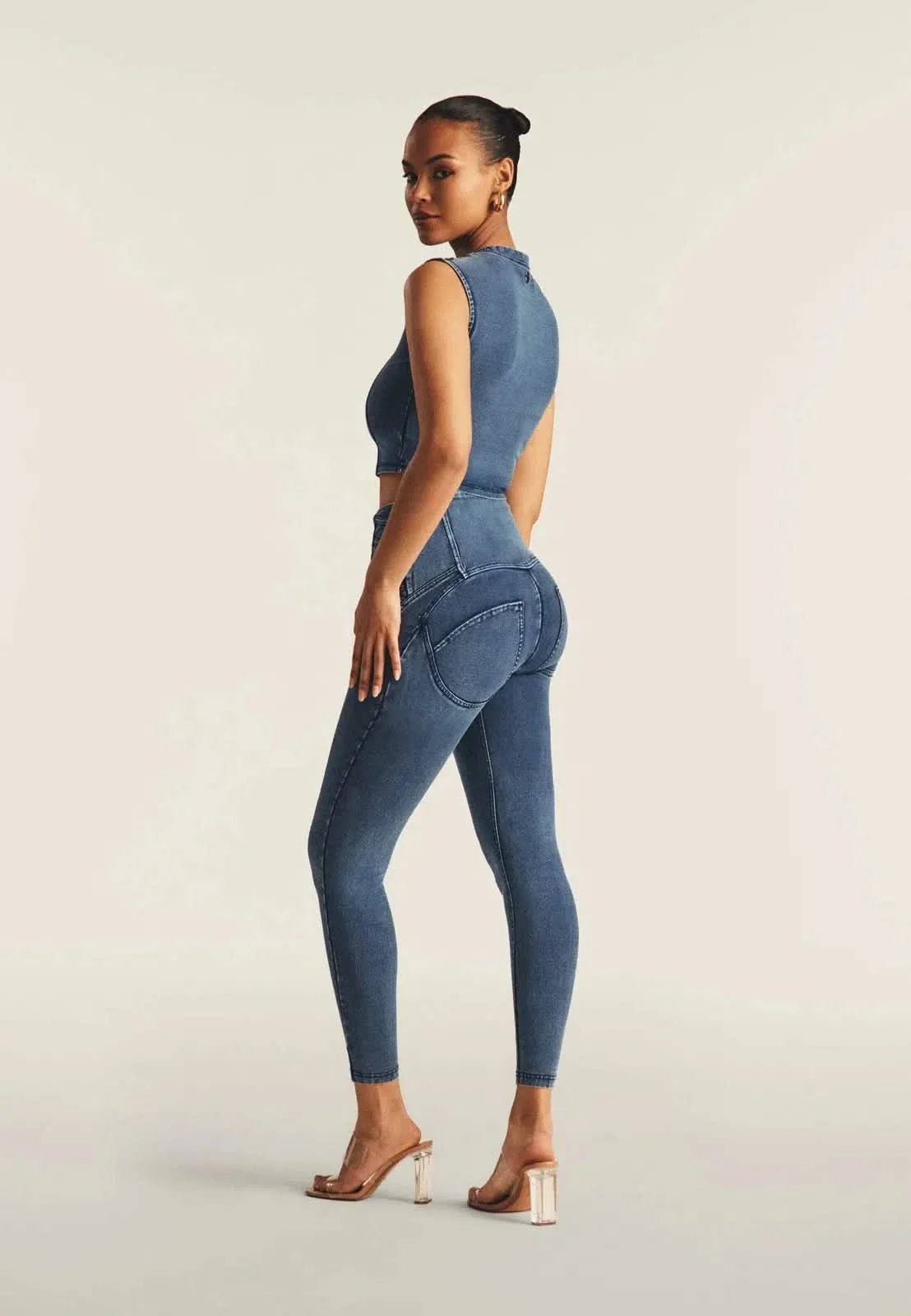 WRUP Denim Criss Cross Detail - High Waisted - Ankle Length - Indigo Denim + Blue Stitching - Image 3