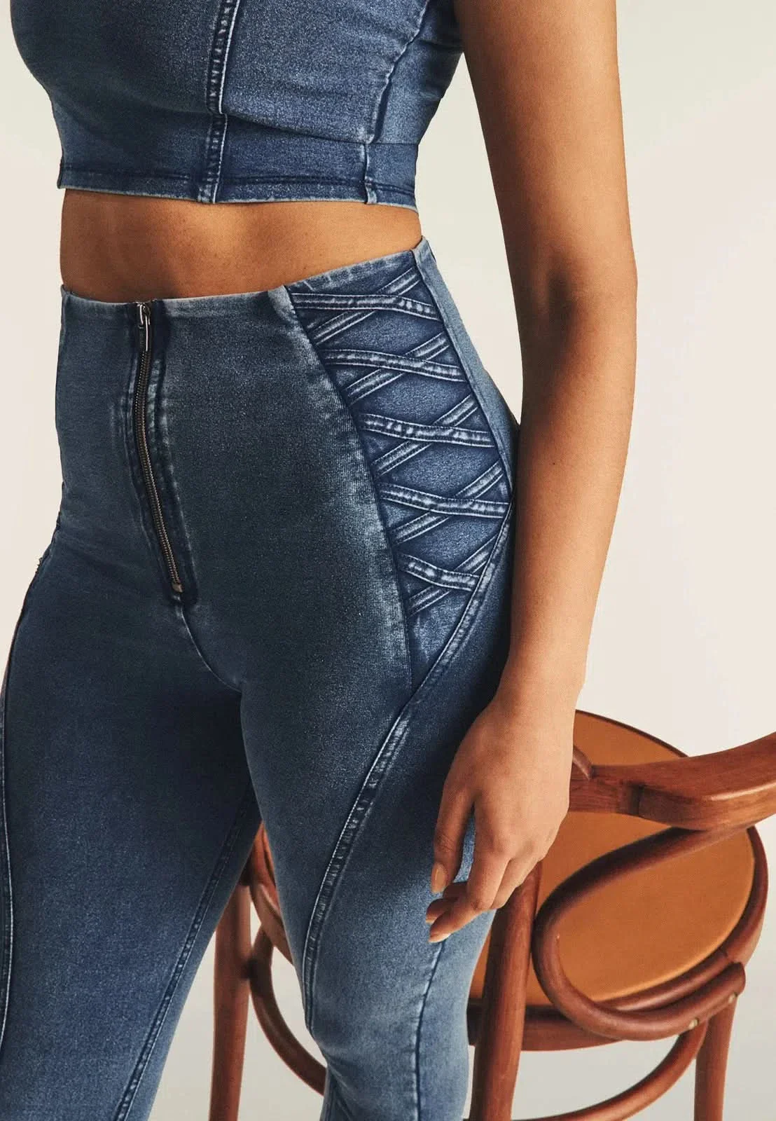 WRUP Denim Criss Cross Detail - High Waisted - Ankle Length - Indigo Denim + Blue Stitching - Image 4
