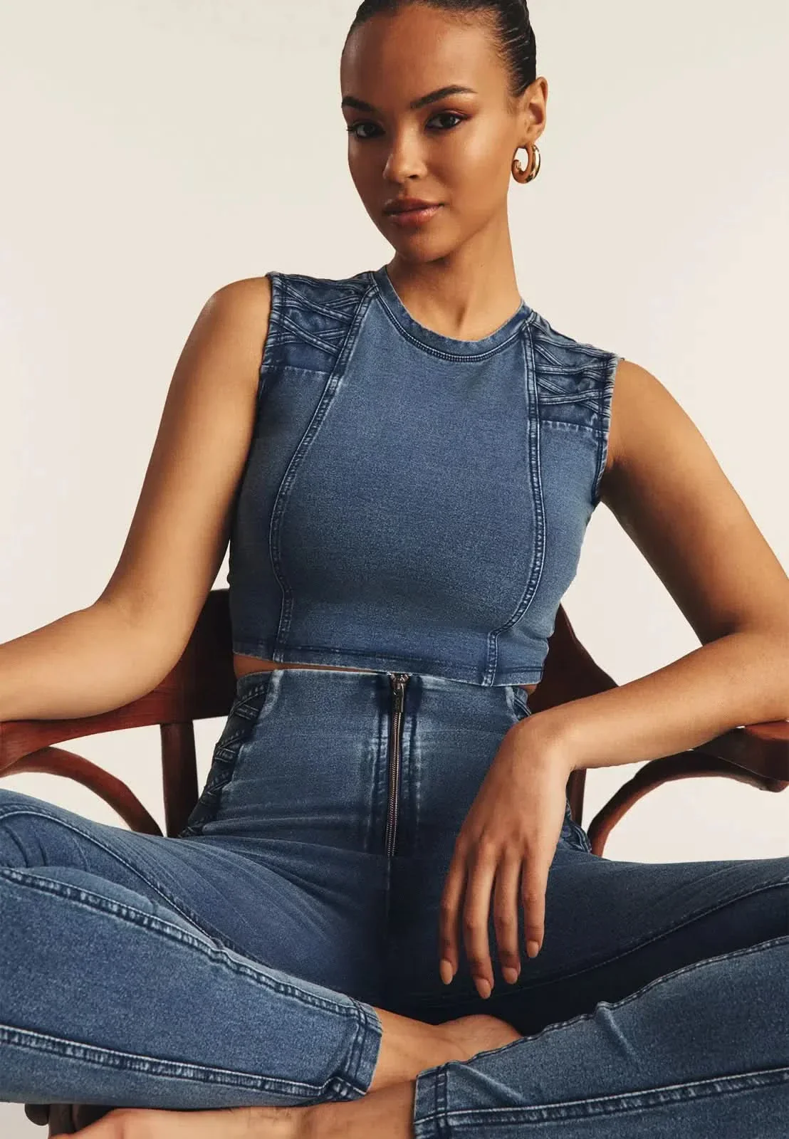 WRUP Denim Criss Cross Detail - High Waisted - Ankle Length - Indigo Denim + Blue Stitching - Image 5