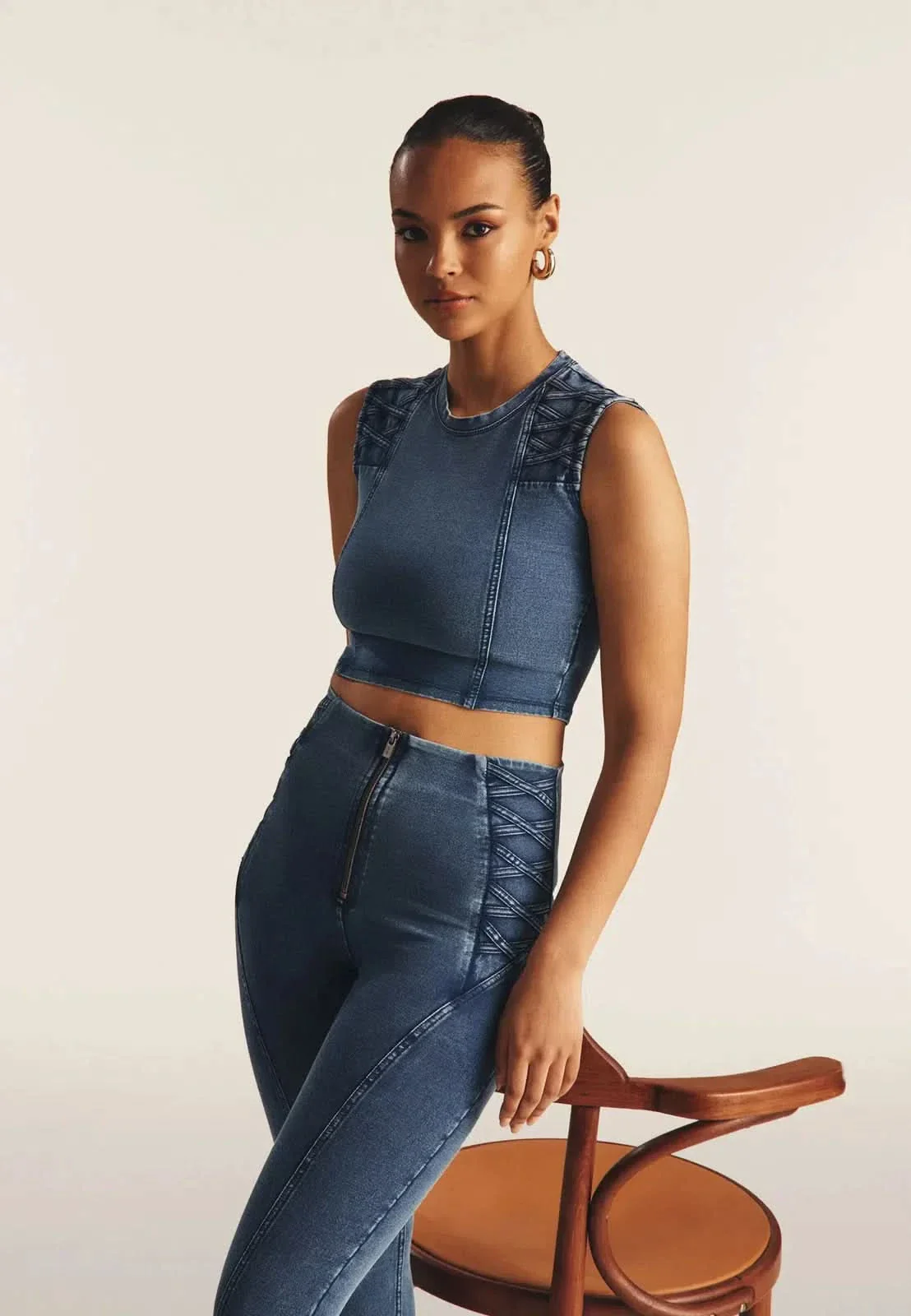 WRUP Denim Criss Cross Detail - High Waisted - Ankle Length - Indigo Denim + Blue Stitching - Image 6