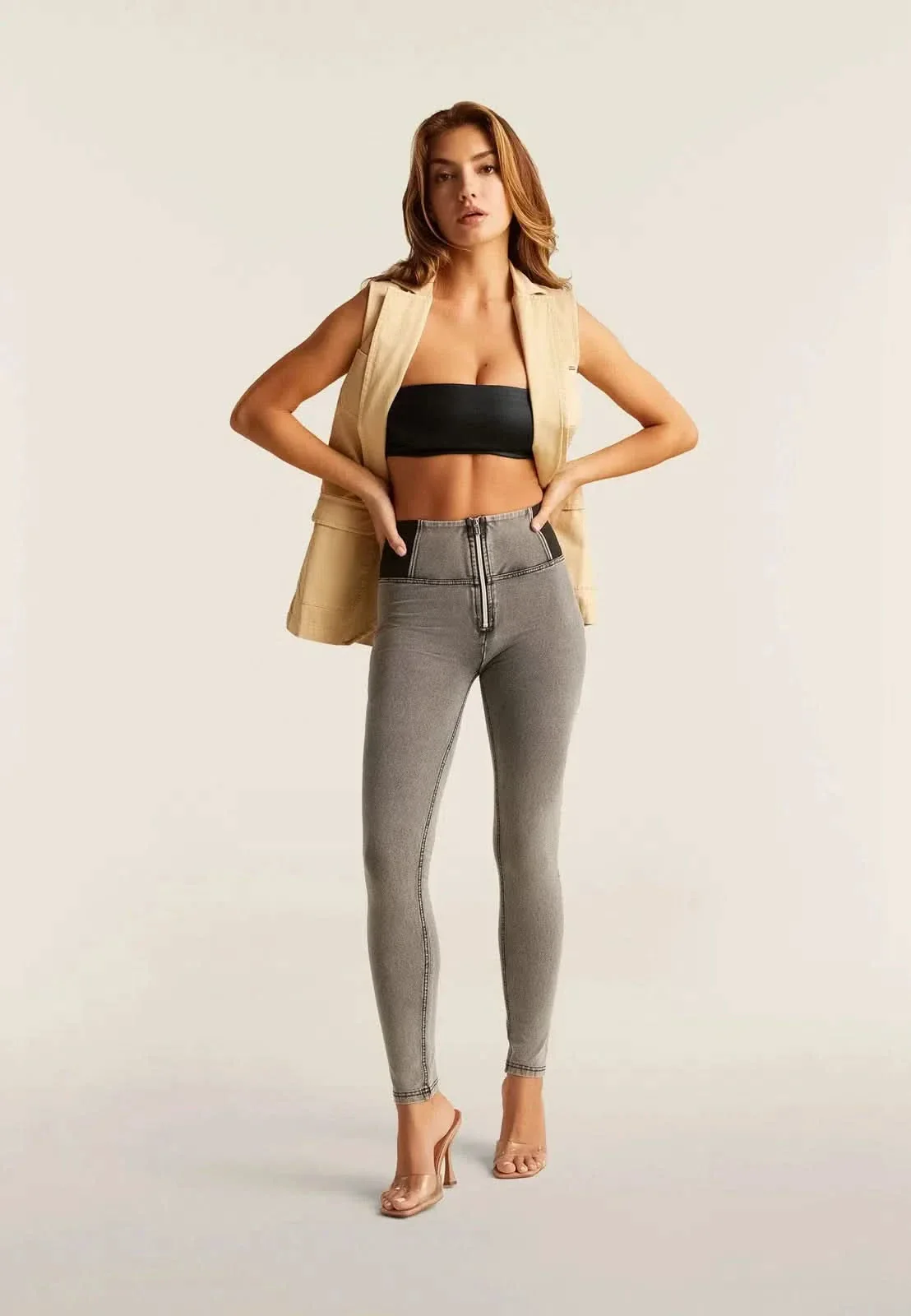 WRUP Denim with Elastane Side - High Waisted - Full Length - Grey + Black Stitching - Image 3