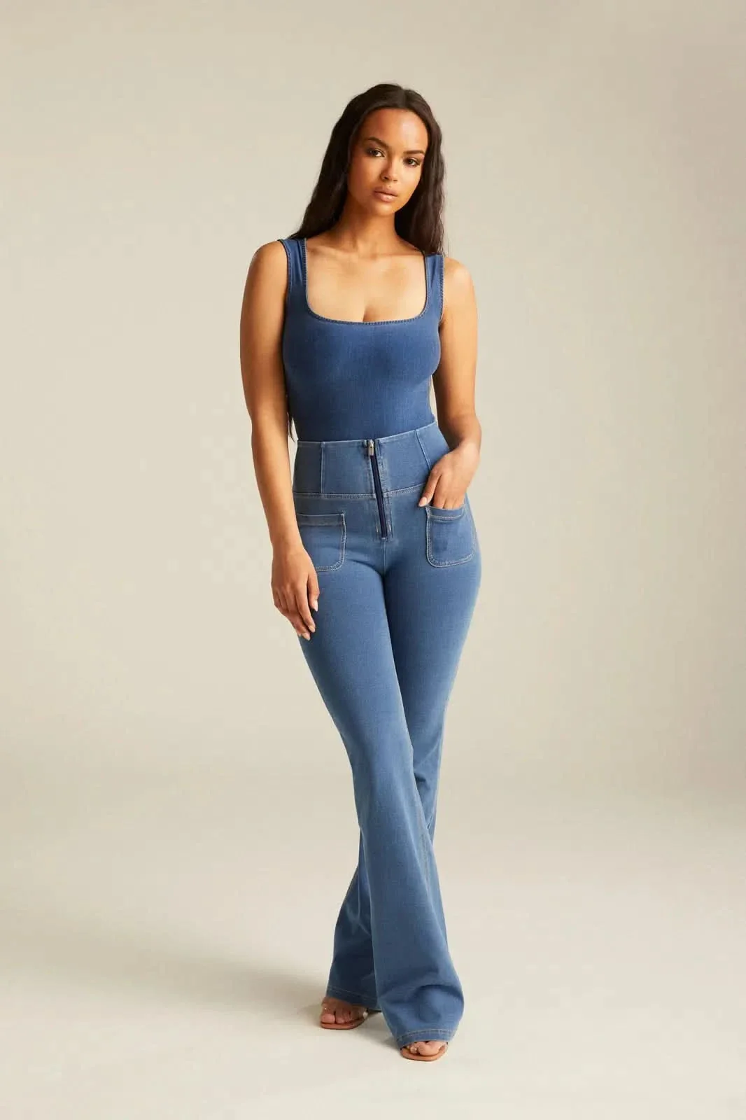 WRUP Denim with Front Pockets - Super High Waisted - Flare - Light Blue + Beige Stitching - Image 3