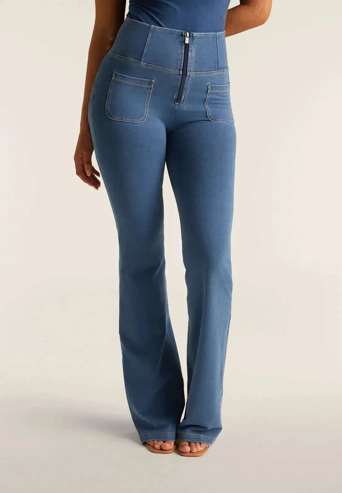 WRUP Denim with Front Pockets - Super High Waisted - Flare - Light Blue + Beige Stitching - Image 4